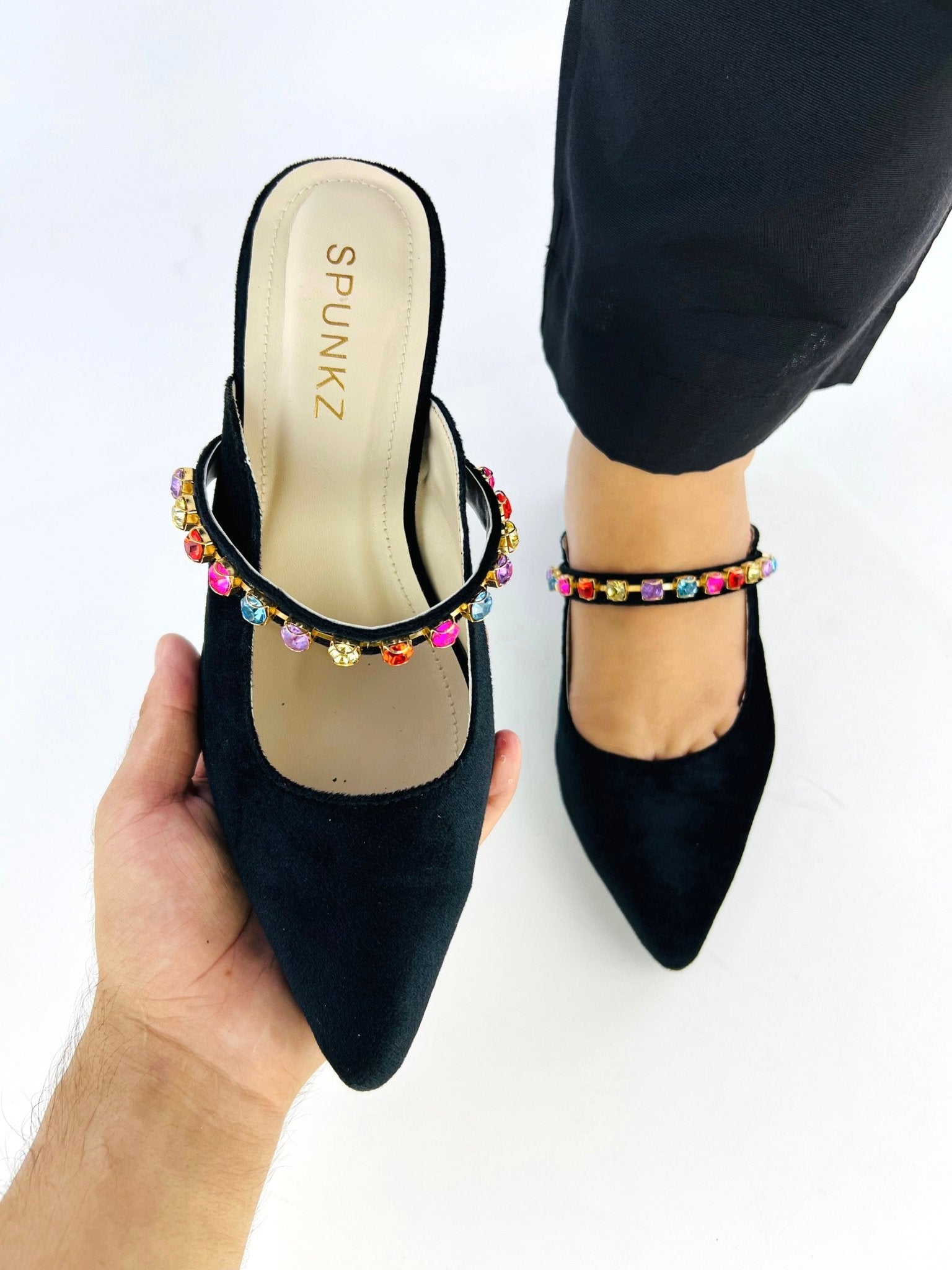Jewel Black Mules Block Heels (11006) - Spunkz