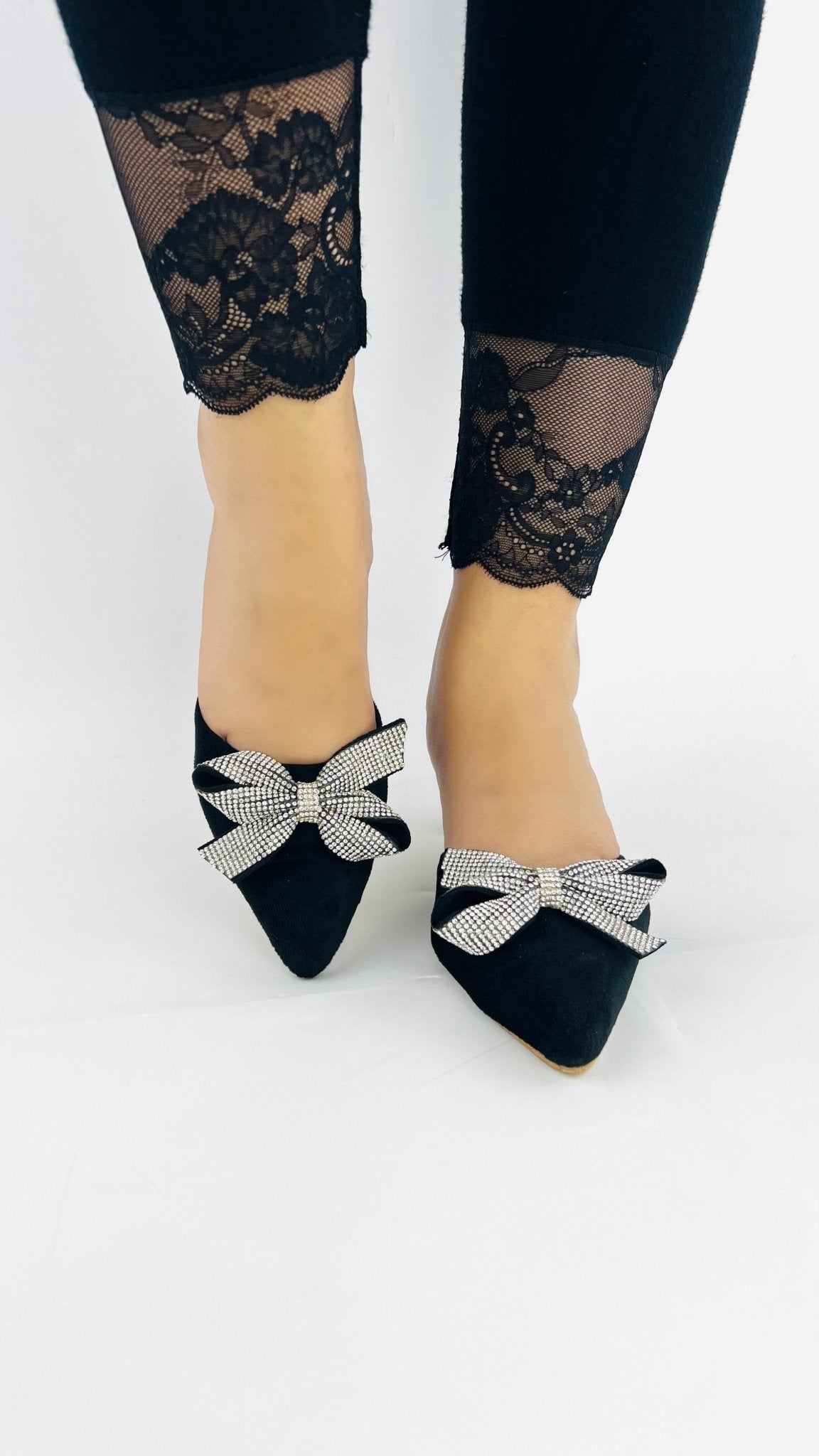 Velvet Bow Mule Heels (Black) - Spunkz