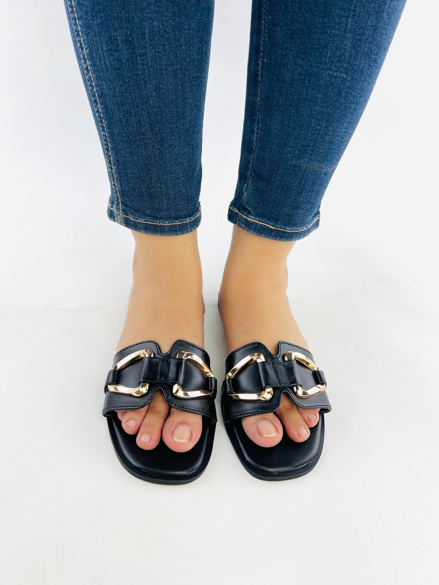Spunkz Black Metal Chain Buckle Casual Flat Slides for Women-11080