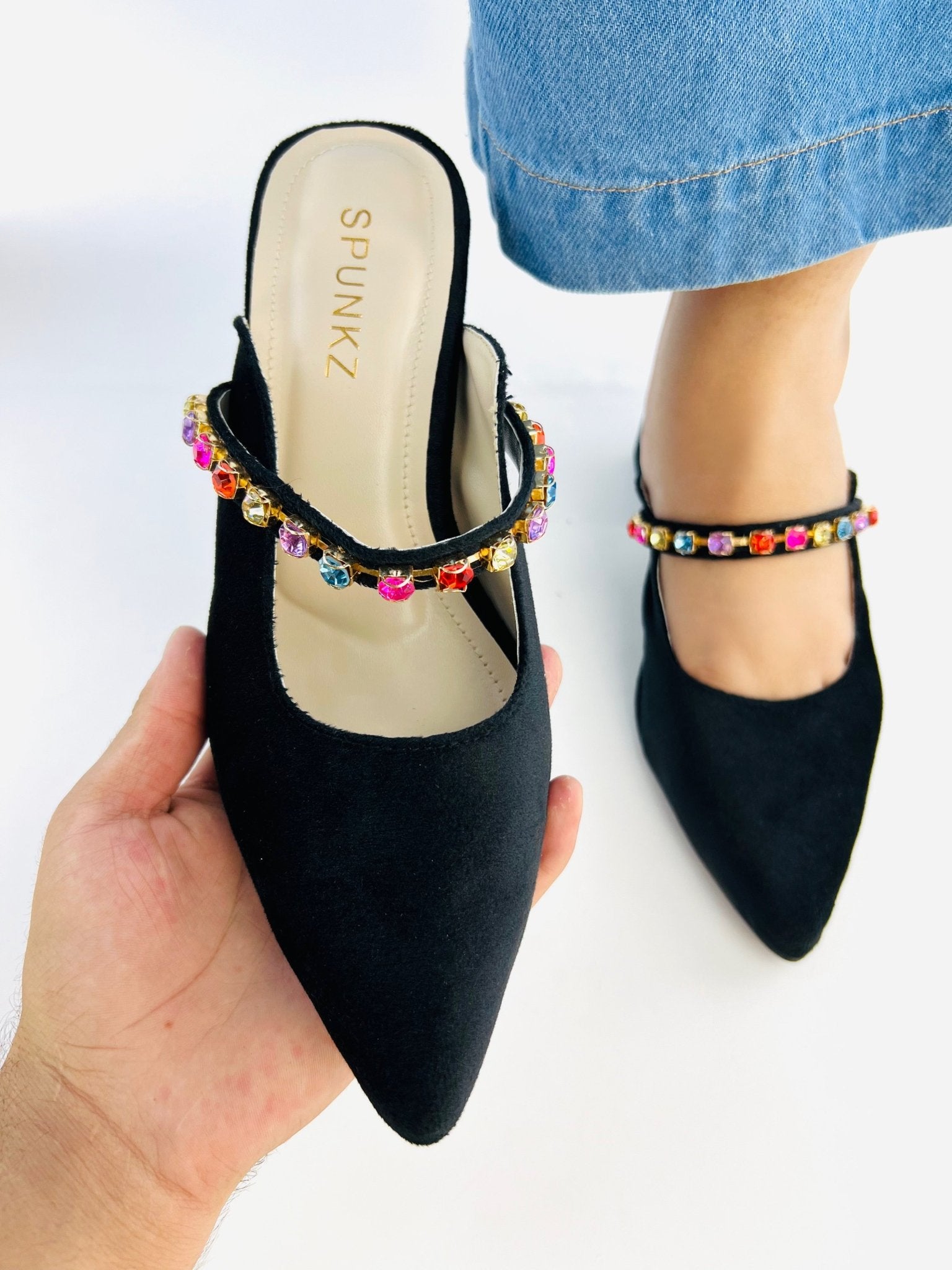 Jewel Black Mules Block Heels (11006) - Spunkz