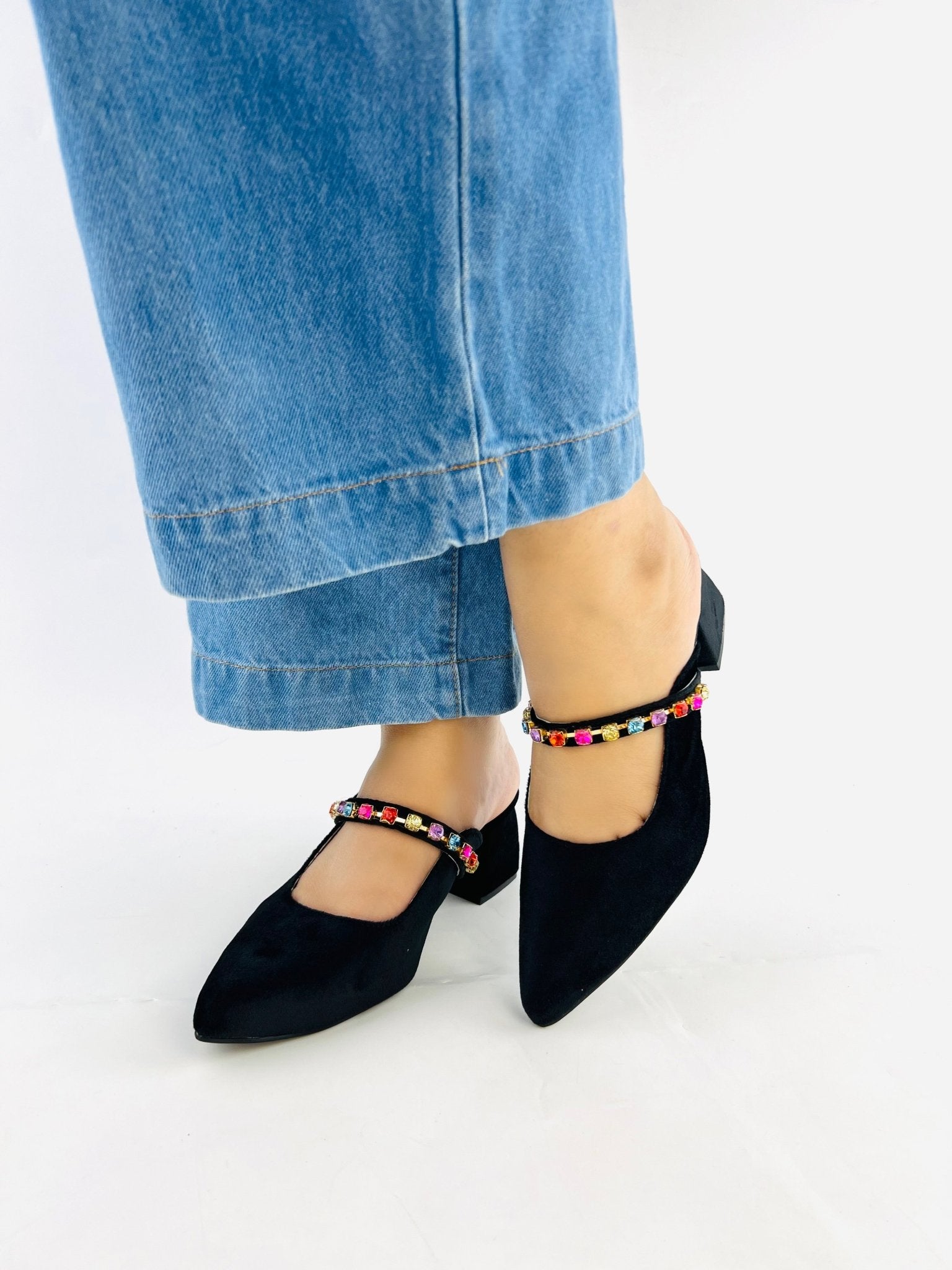 Jewel Black Mules Block Heels (11006) - Spunkz
