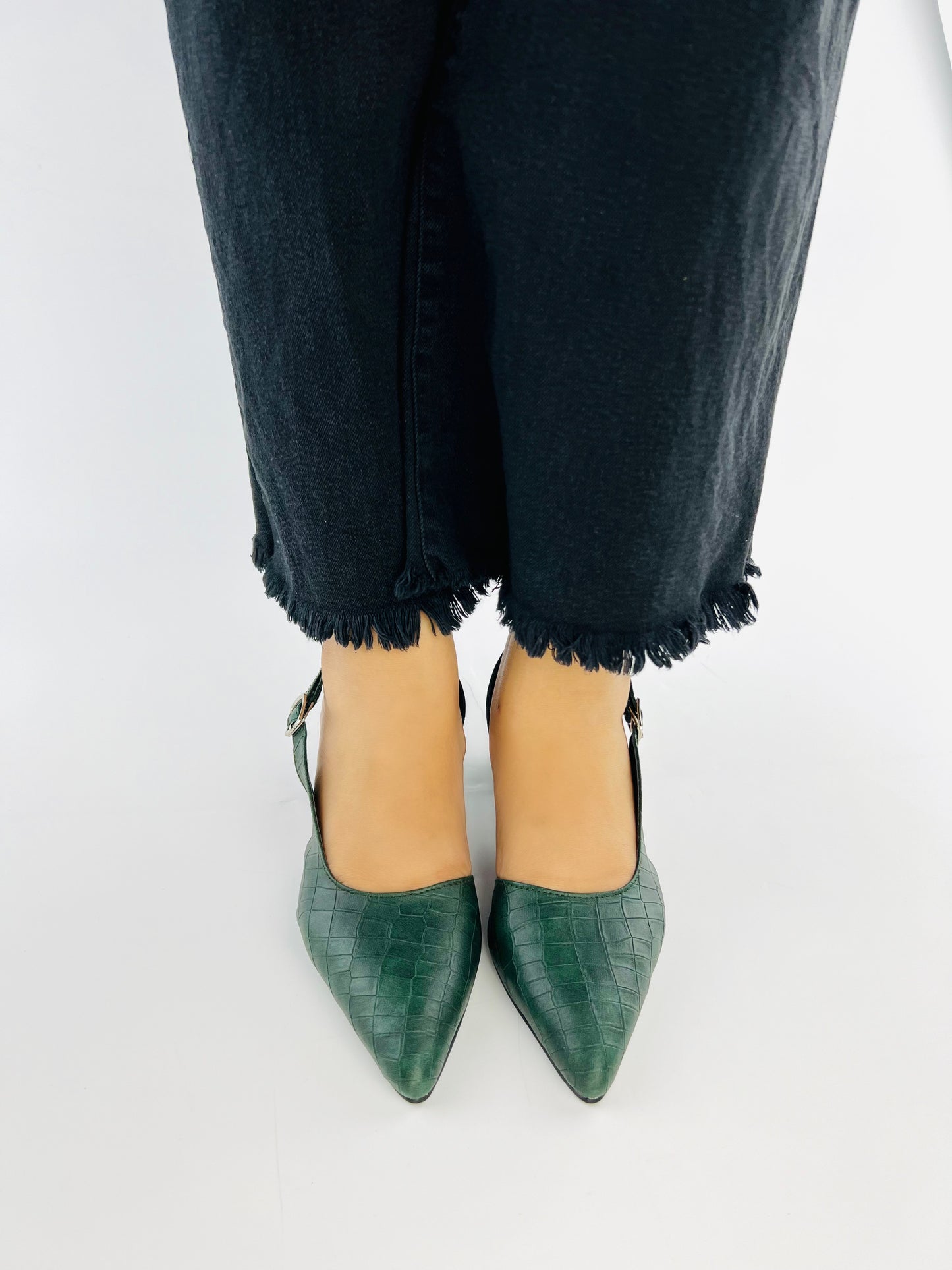Spunkz Crocodile Embossed Green Leather Half Block Heel Sandals 12002