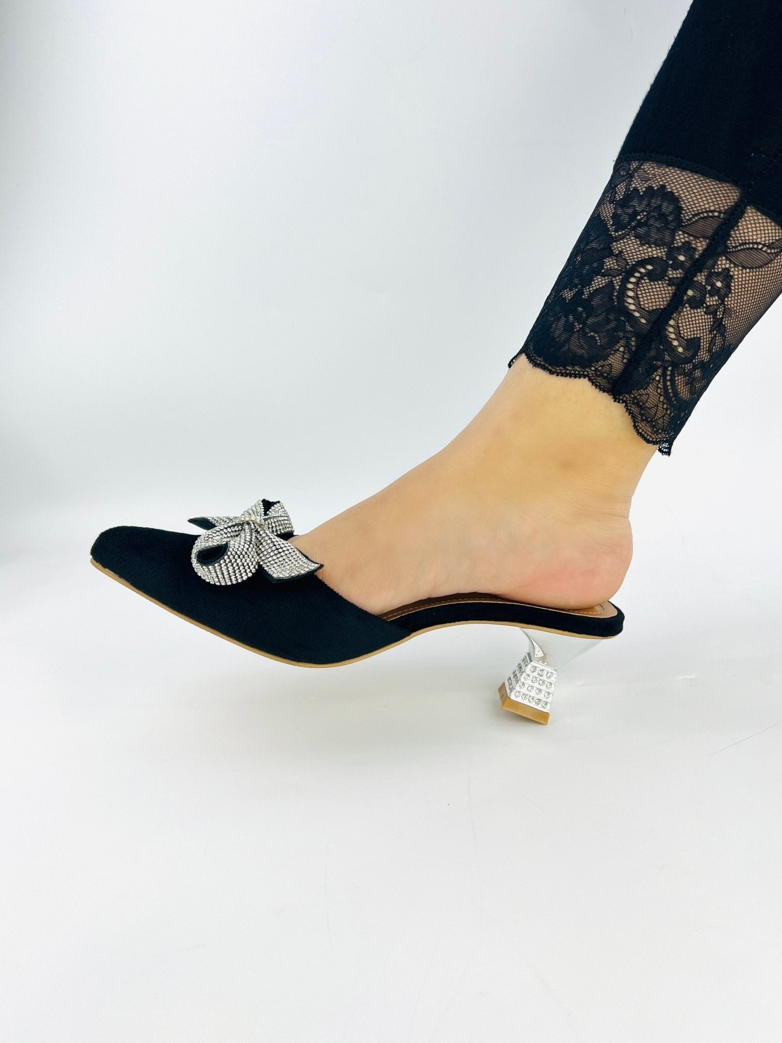 Velvet Bow Mule Heels (Black) - Spunkz