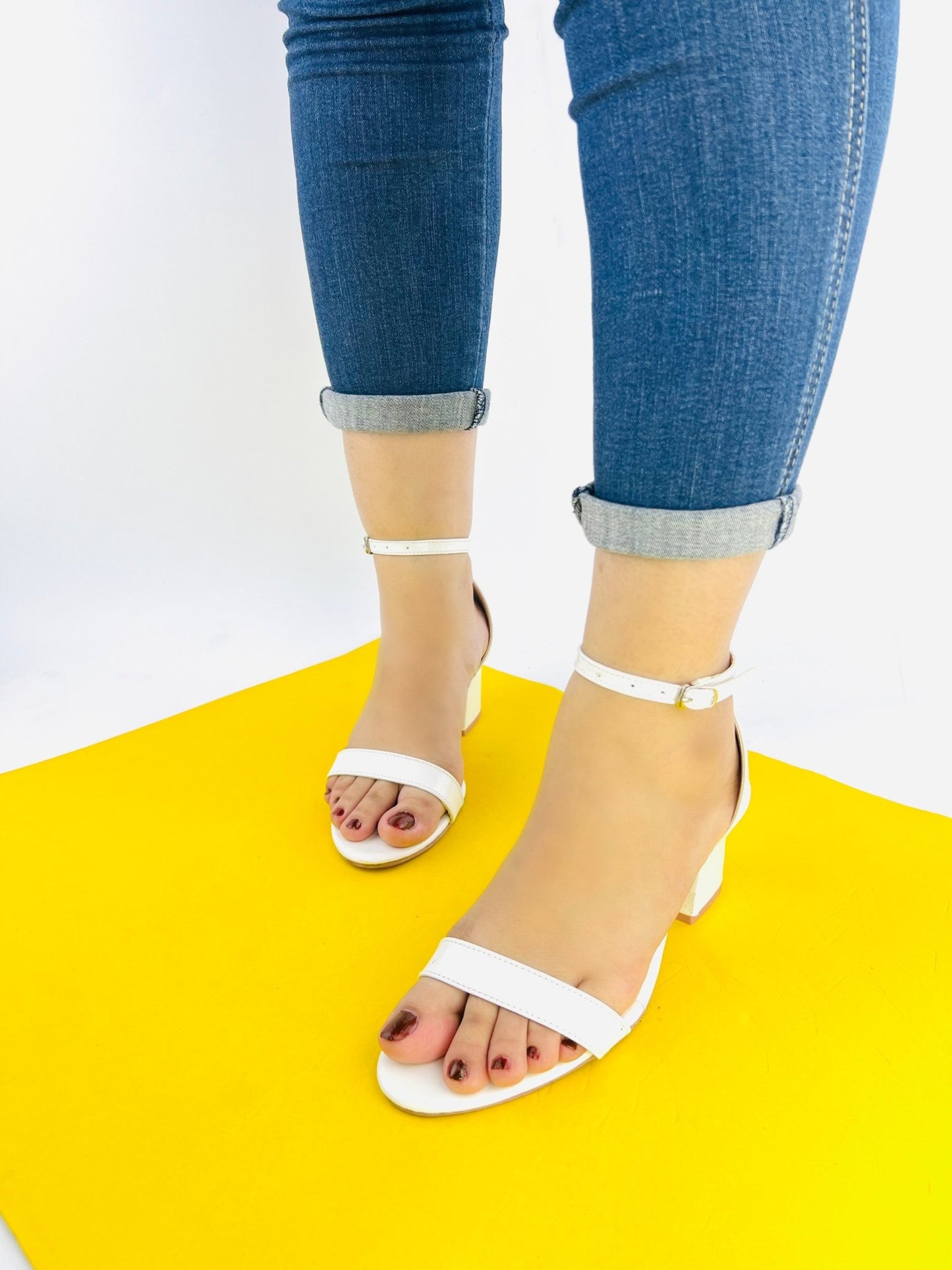 Liza White Chunky Heeled Ankle Strap Sandals - 11031 - Spunkz
