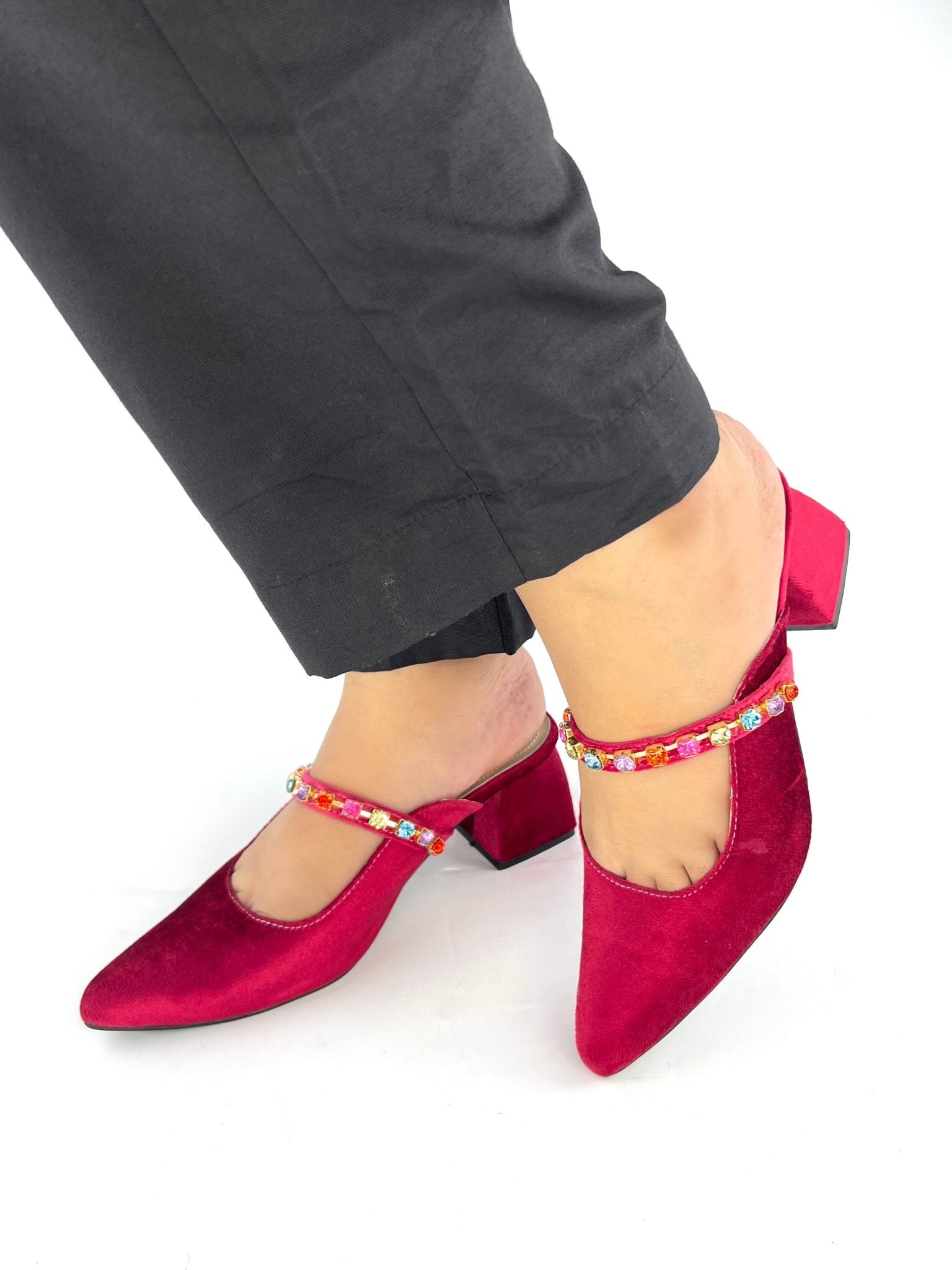 Jewel Maroon Block Heeled Sandals (11006) - Spunkz