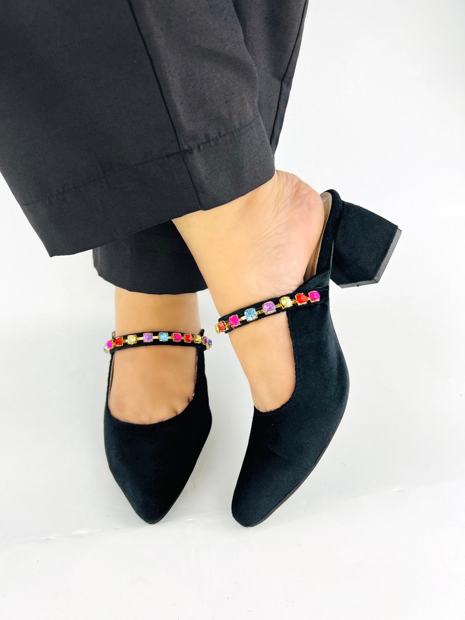 Jewel Black Mules Block Heels (11006) - Spunkz