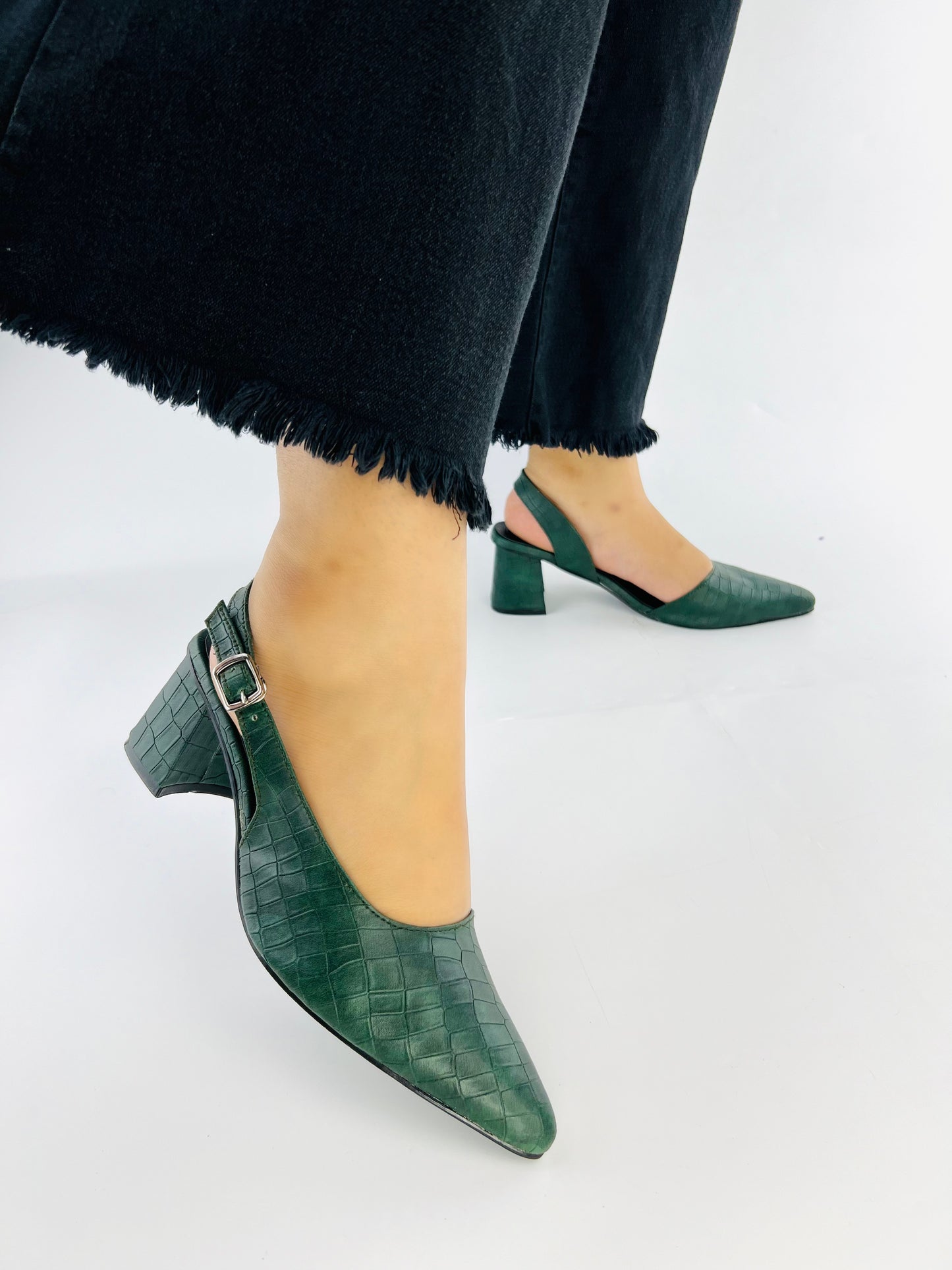 Spunkz Crocodile Embossed Green Leather Half Block Heel Sandals 12002