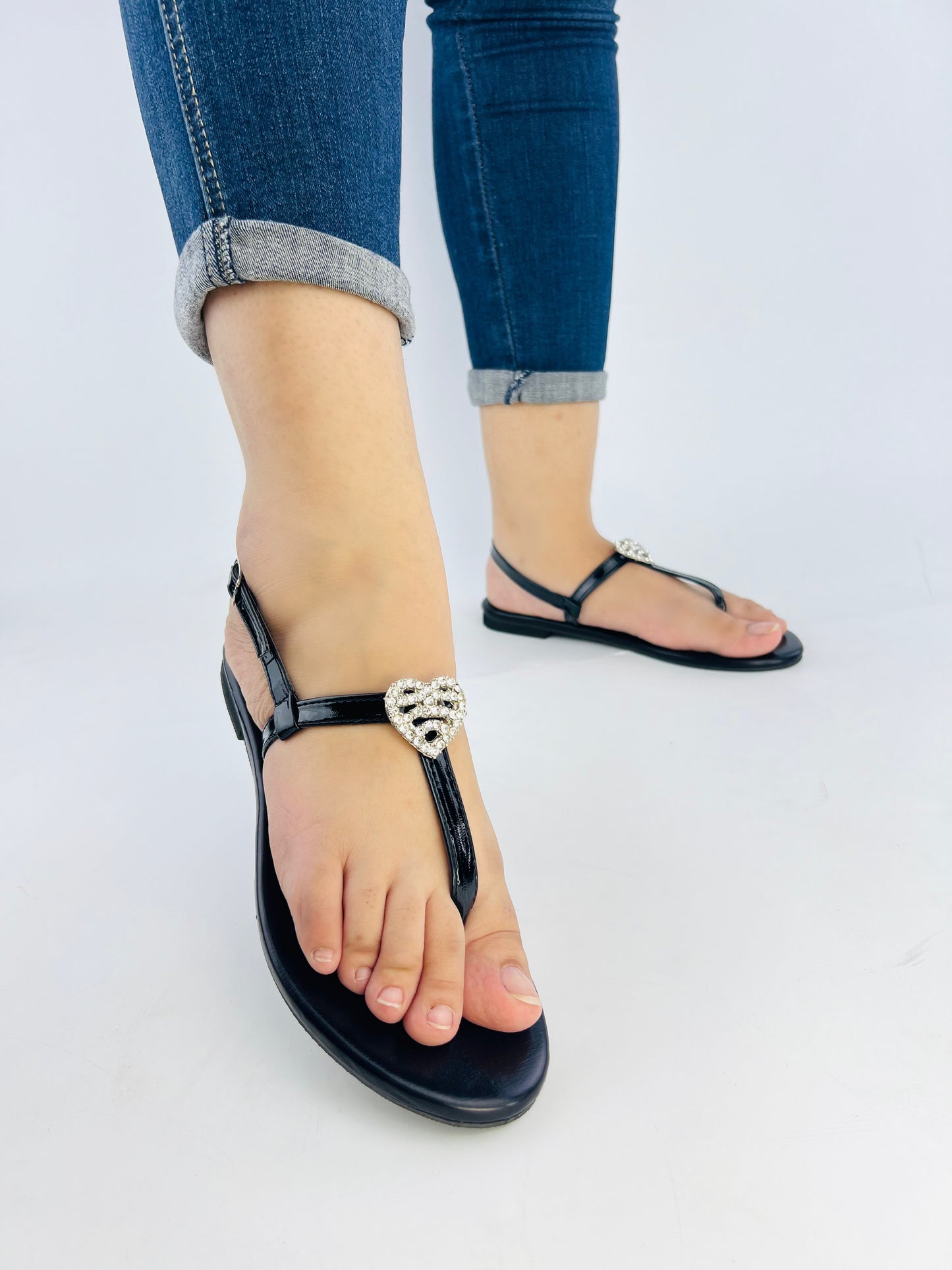 Anya Metallic Black T-Strap Flat Flip Flop Thong Sandals-11071