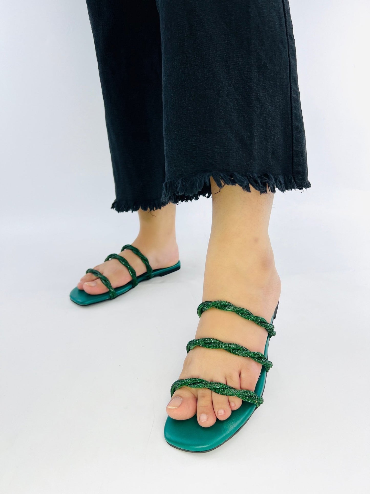 Quilted Green Flat Slip on Sandals (11084) - Spunkz