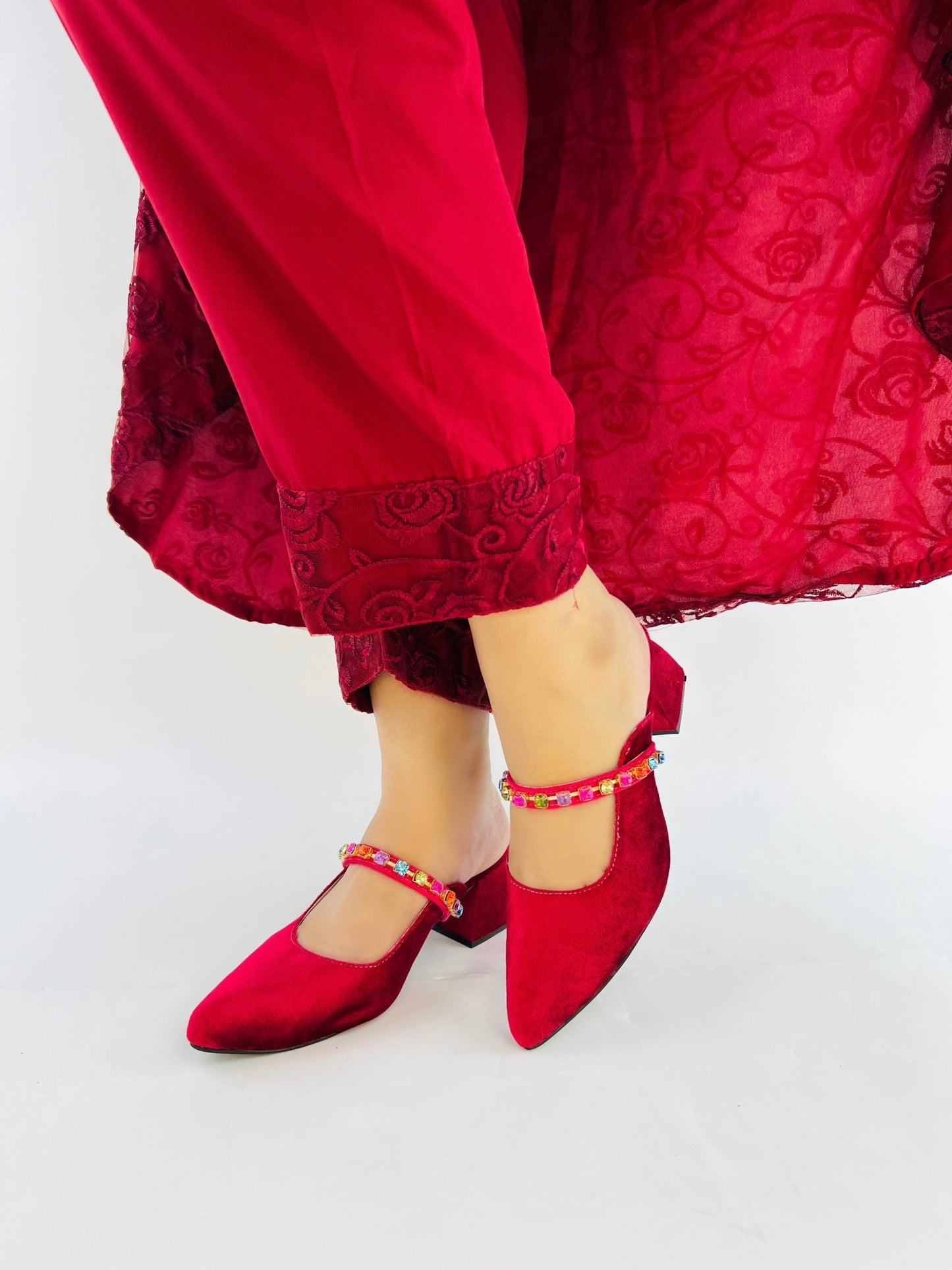 Jewel Maroon Block Heeled Sandals (11006) - Spunkz
