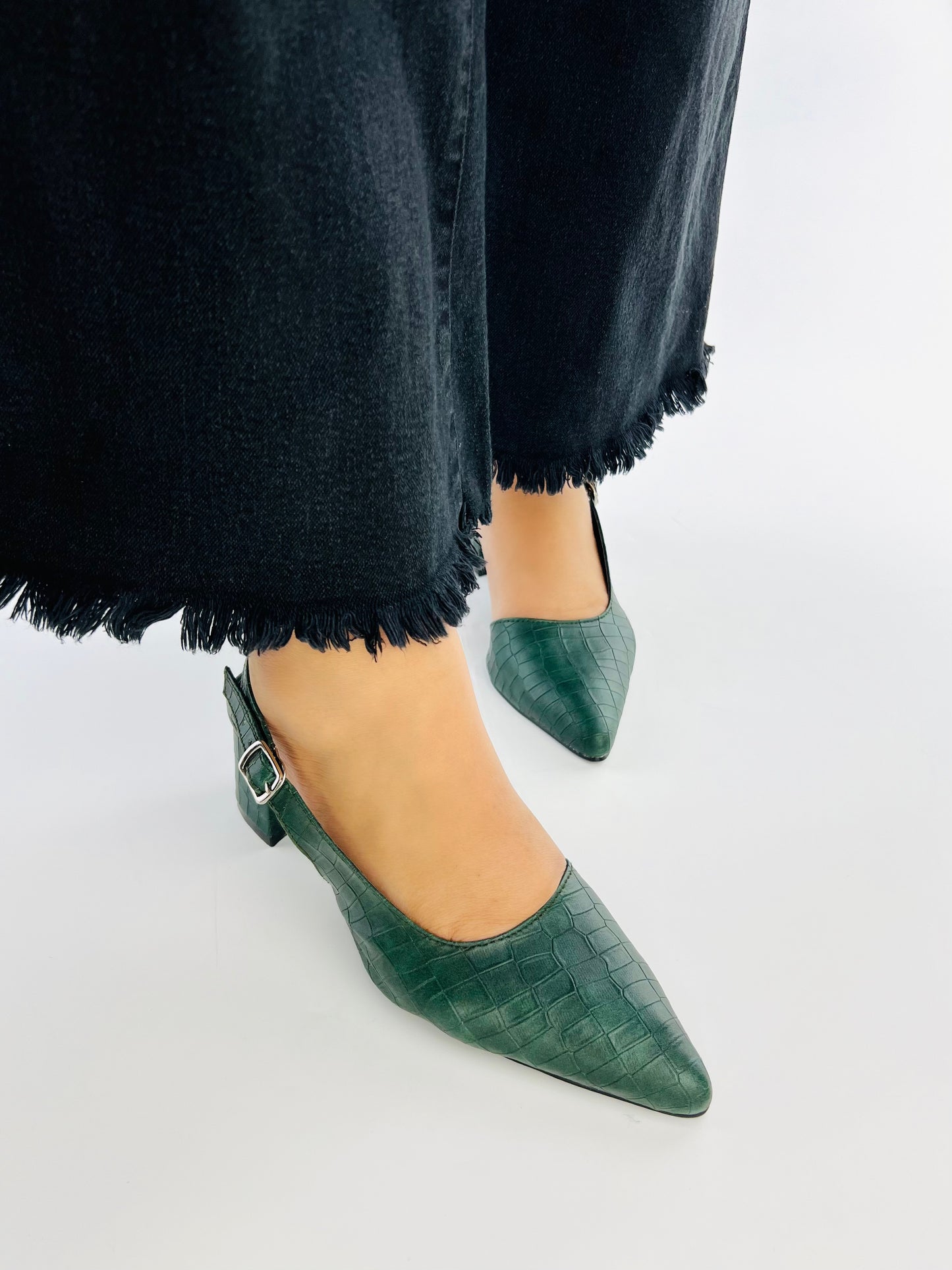 Spunkz Crocodile Embossed Green Leather Half Block Heel Sandals 12002