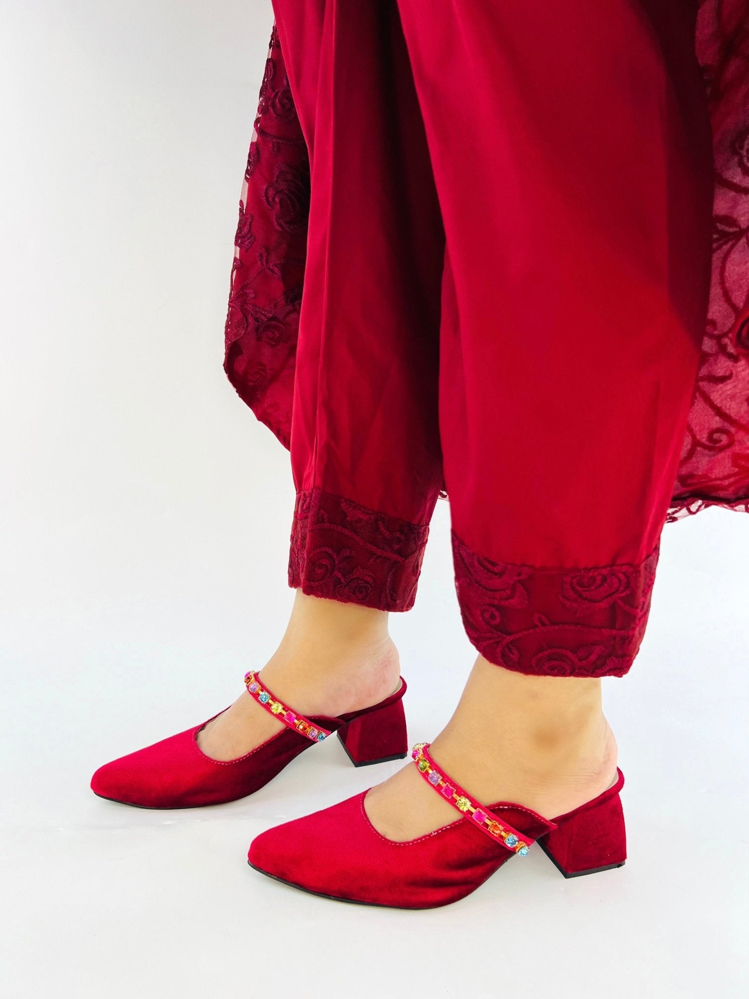 Jewel Maroon Block Heeled Sandals (11006) - Spunkz