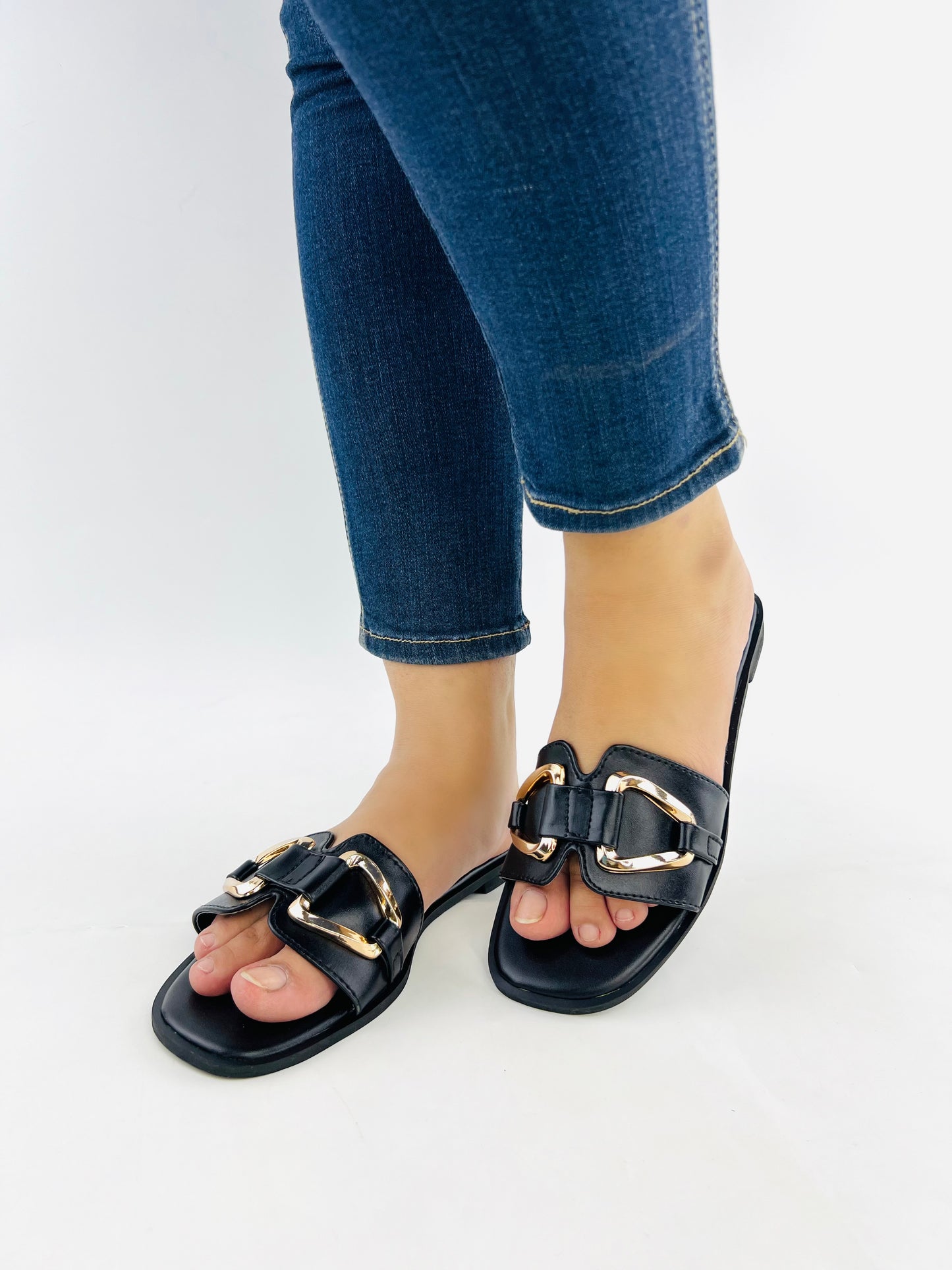 Spunkz Black Metal Chain Buckle Casual Flat Slides for Women-11080
