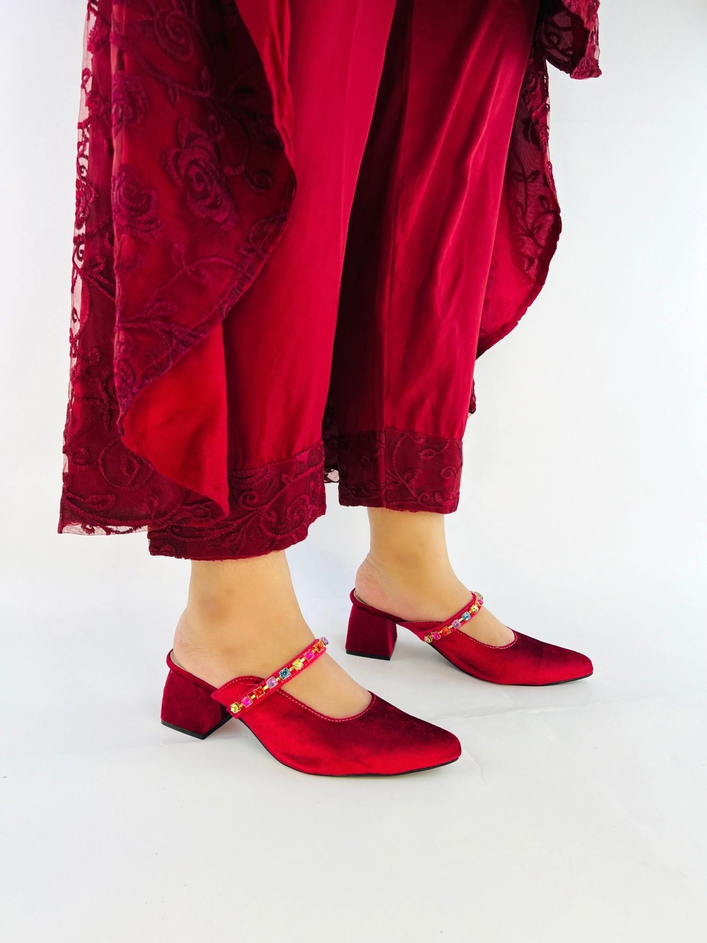 Jewel Maroon Block Heeled Sandals (11006) - Spunkz