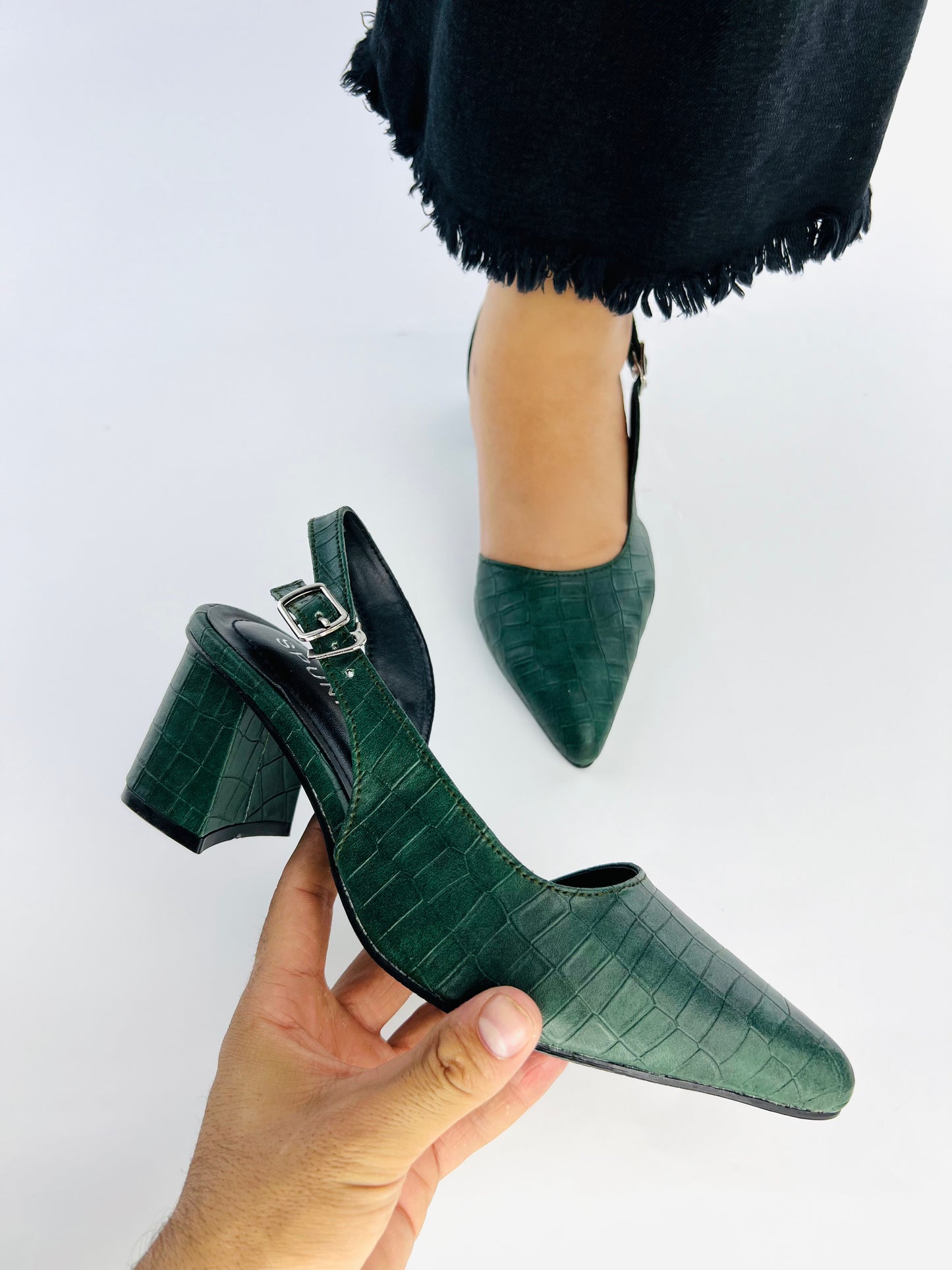 Spunkz Crocodile Embossed Green Leather Half Block Heel Sandals 12002