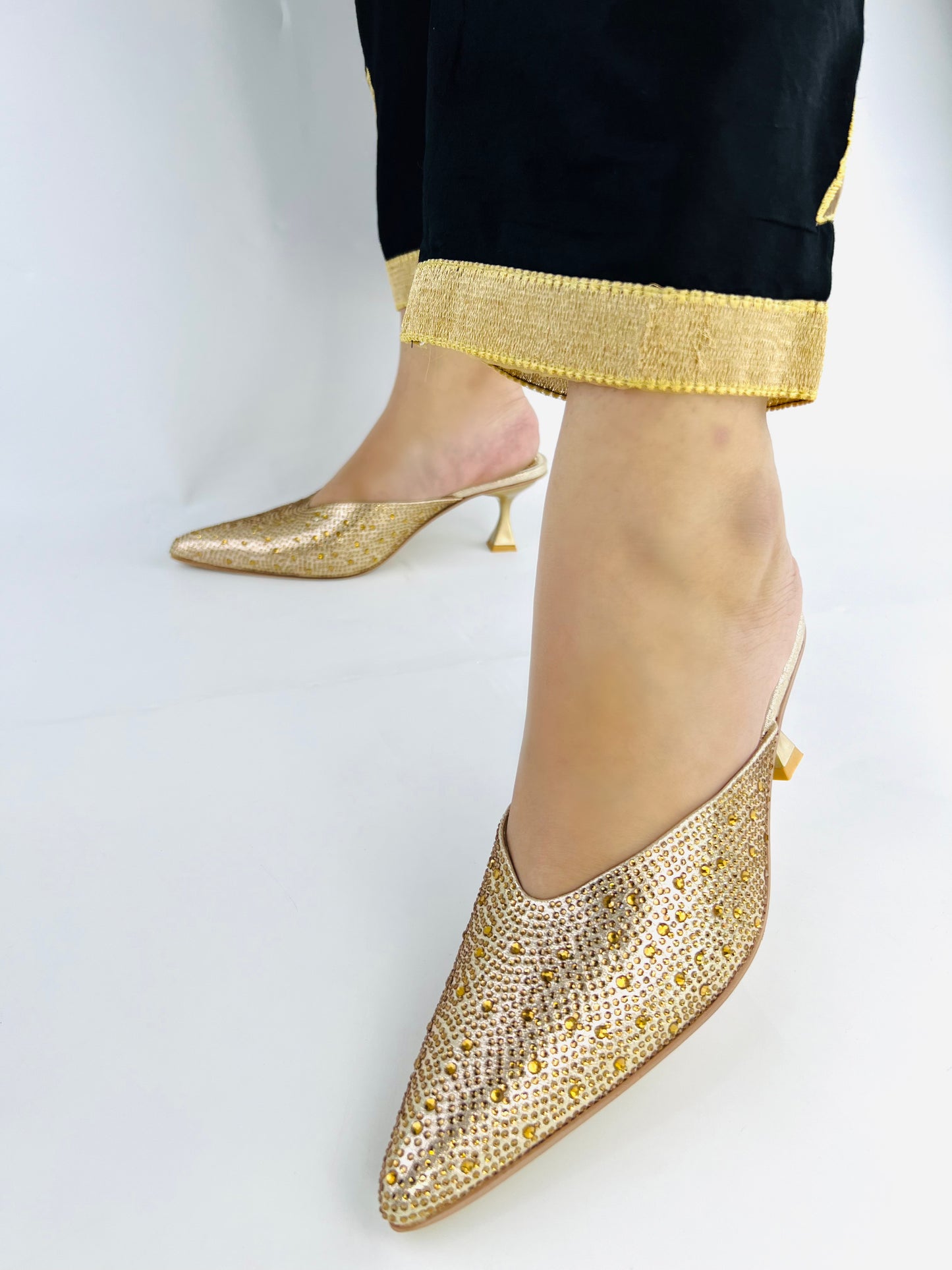 Crystal Sequins Gold Embellished Pointed Shallow Diamond Suede Mules-11039