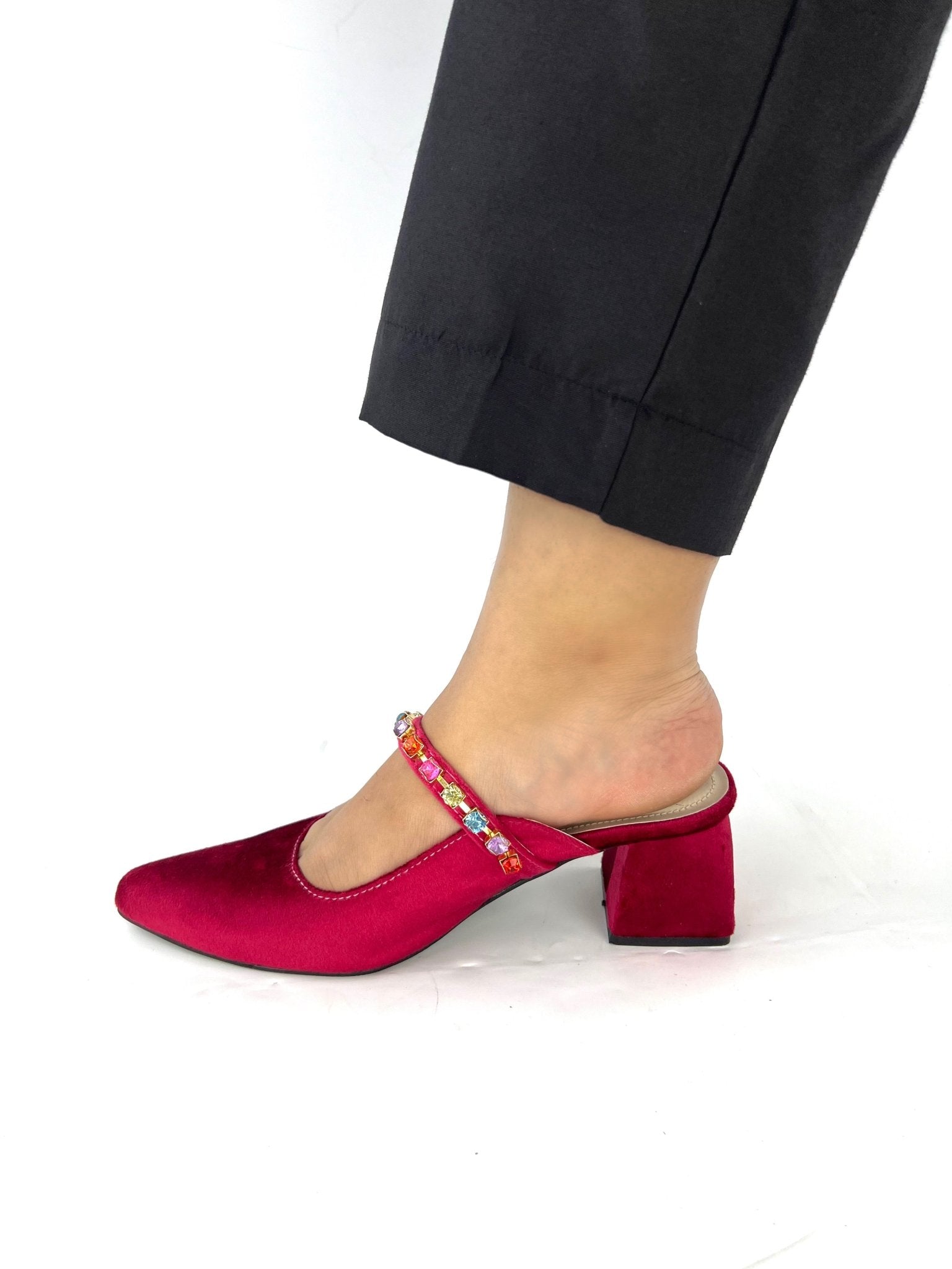 Jewel Maroon Block Heeled Sandals (11006) - Spunkz
