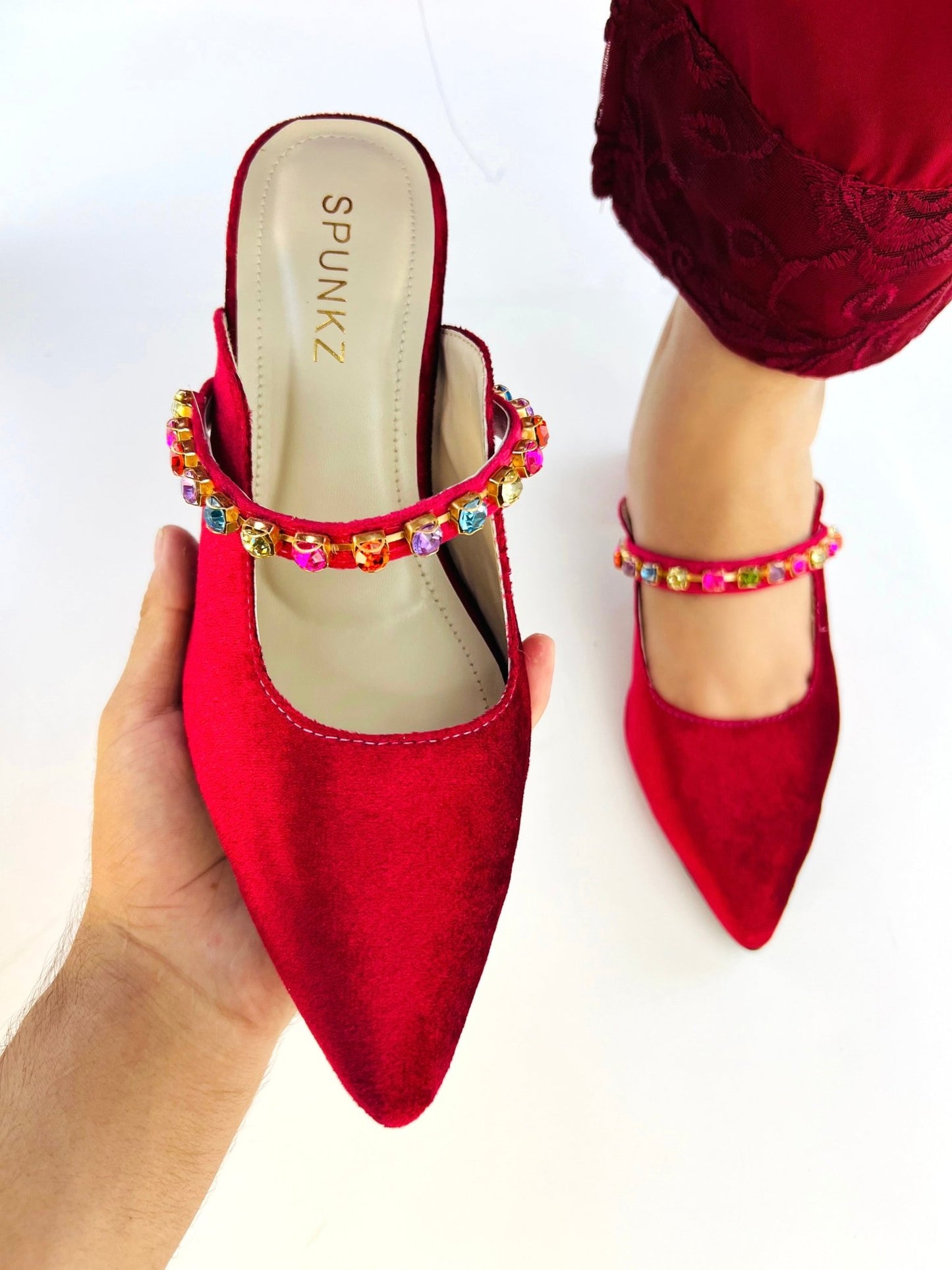Jewel Maroon Block Heeled Sandals (11006) - Spunkz