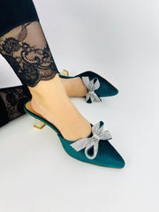Velvet Bow Mule Sandals (Green) - Spunkz