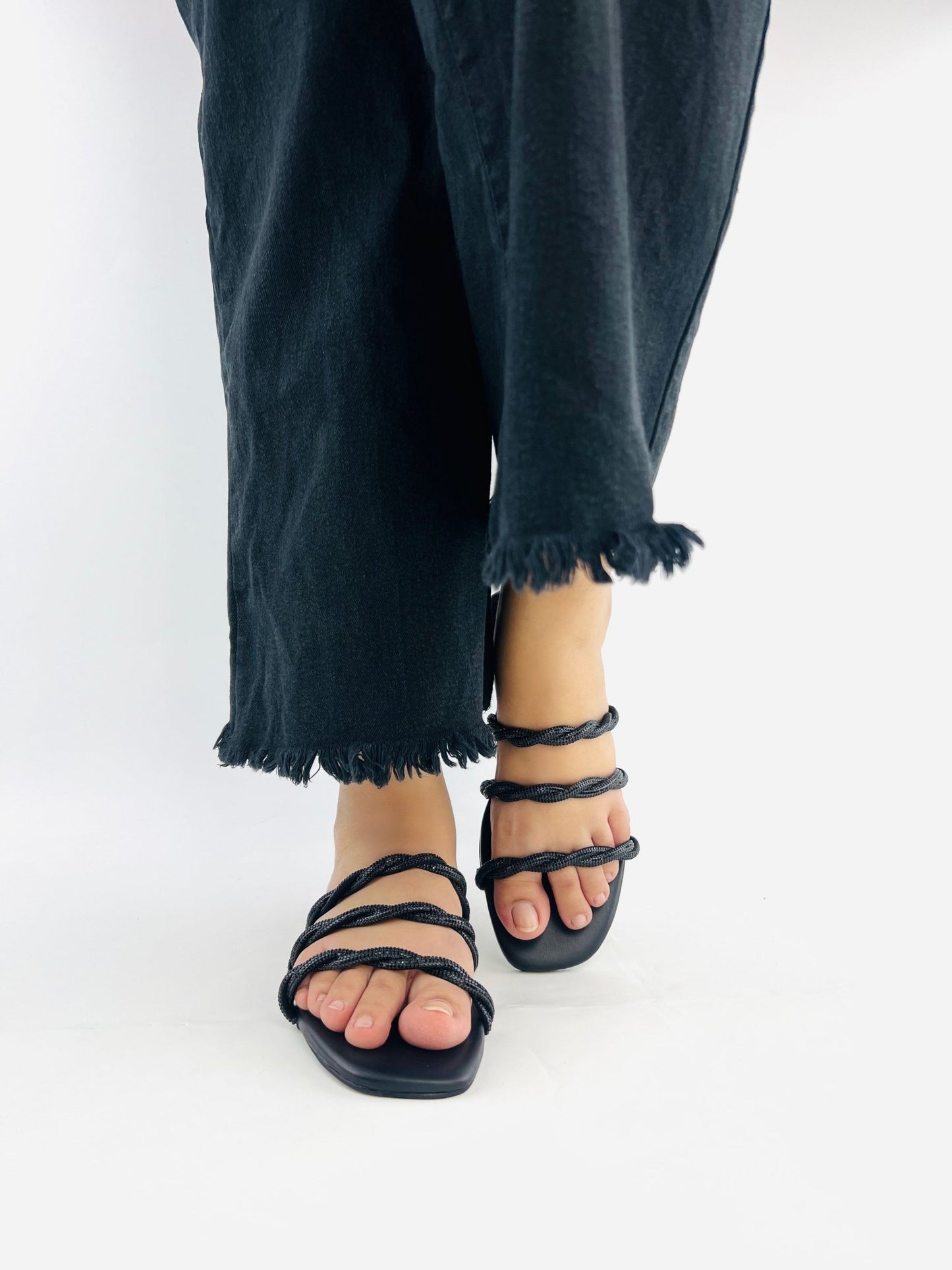 Quilted Black Flat Sandals (11084) - Spunkz