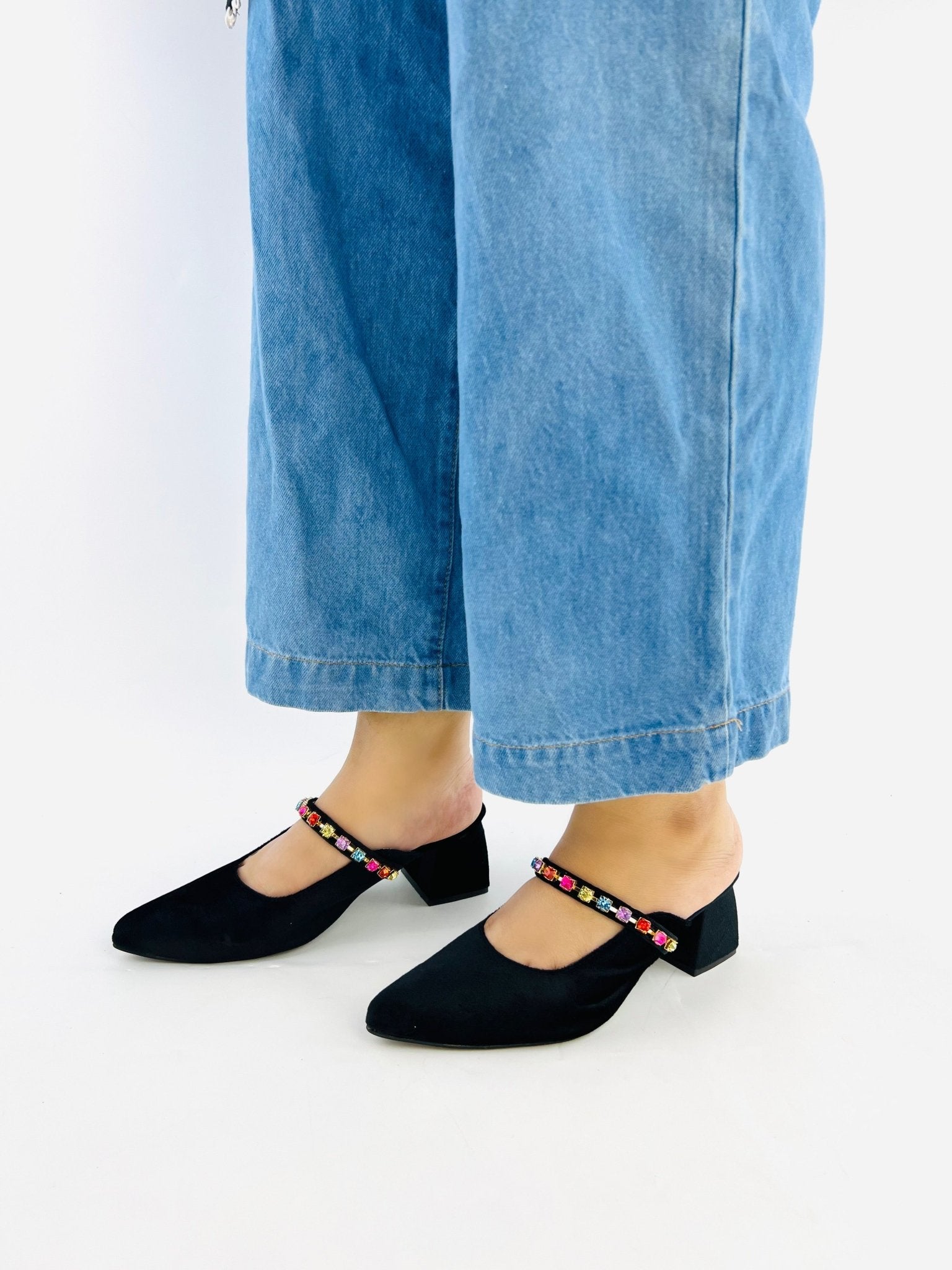 Jewel Black Mules Block Heels (11006) - Spunkz