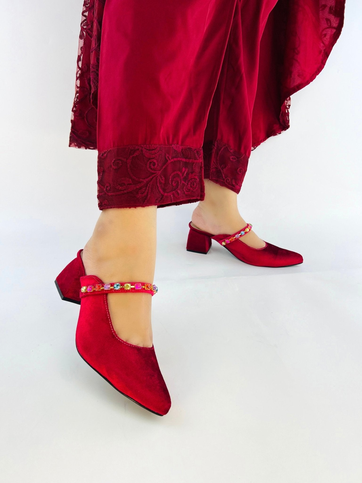 Jewel Maroon Block Heeled Sandals (11006) - Spunkz