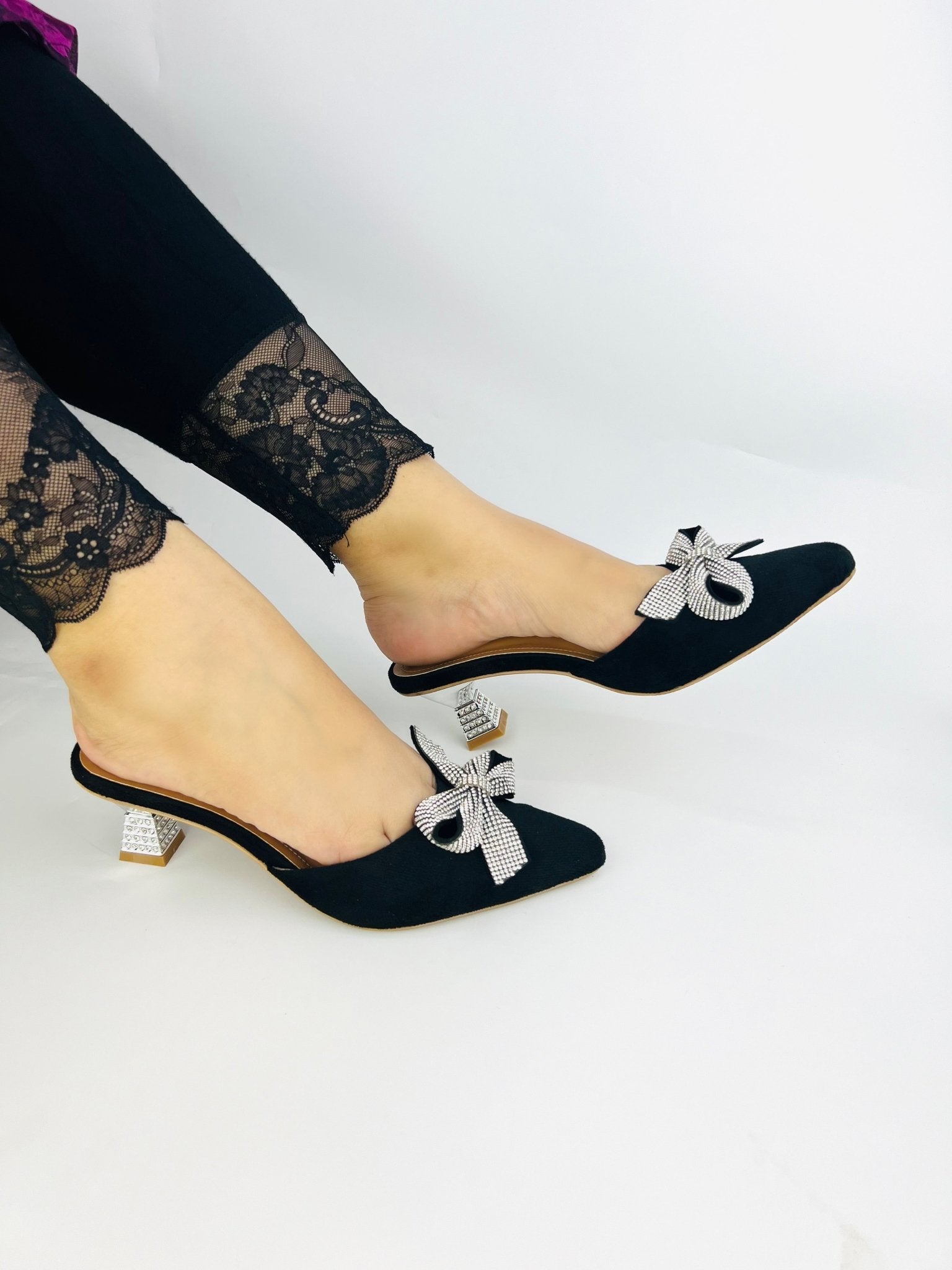 Velvet Bow Mule Heels (Black) - Spunkz