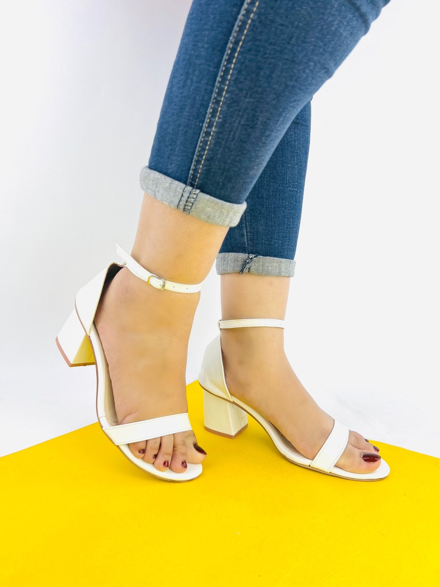 Liza White Chunky Heeled Ankle Strap Sandals - 11031 - Spunkz