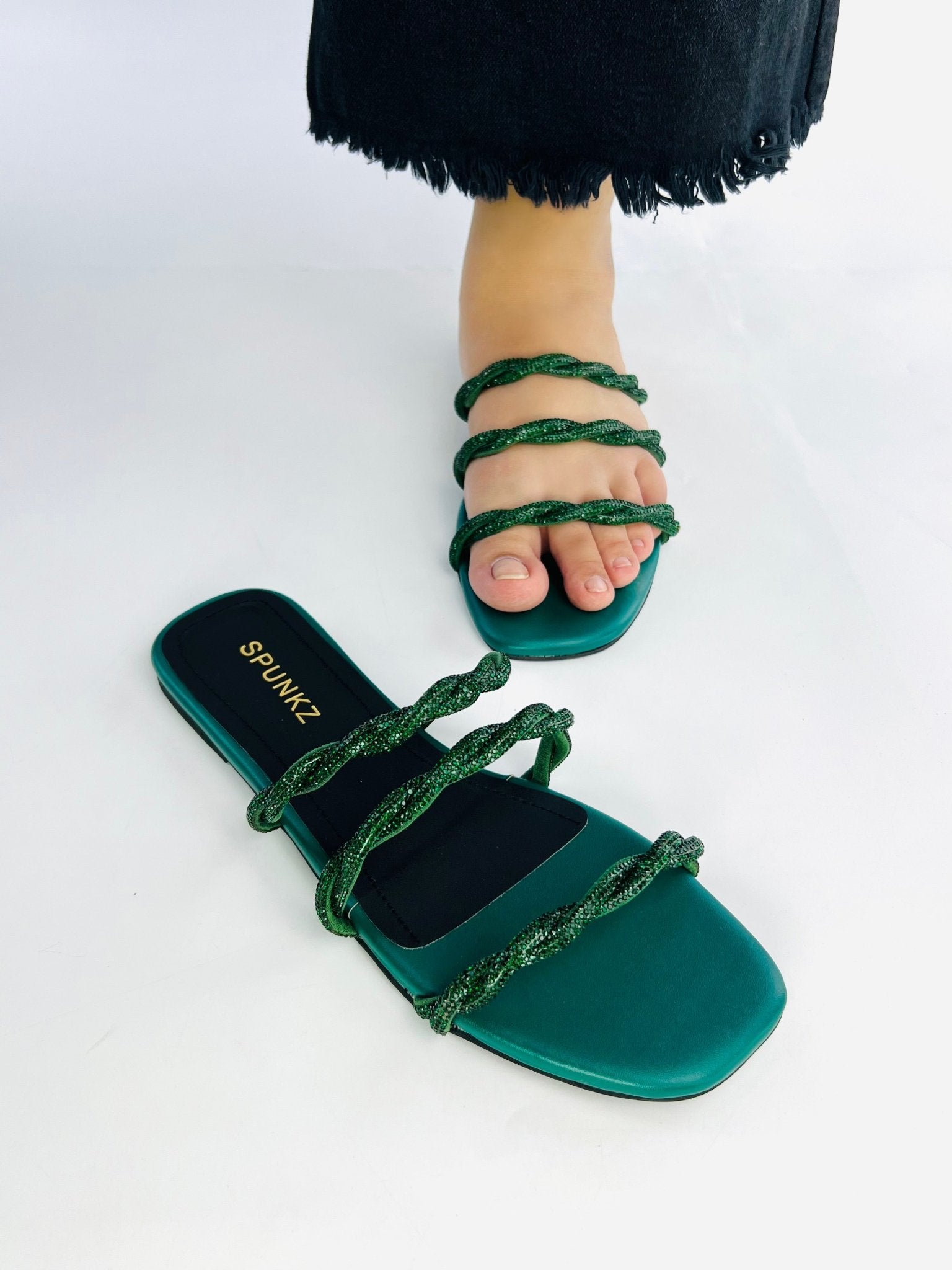 Quilted Green Flat Slip on Sandals (11084) - Spunkz