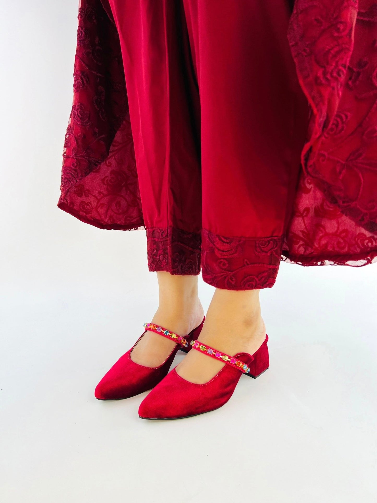 Jewel Maroon Block Heeled Sandals (11006) - Spunkz