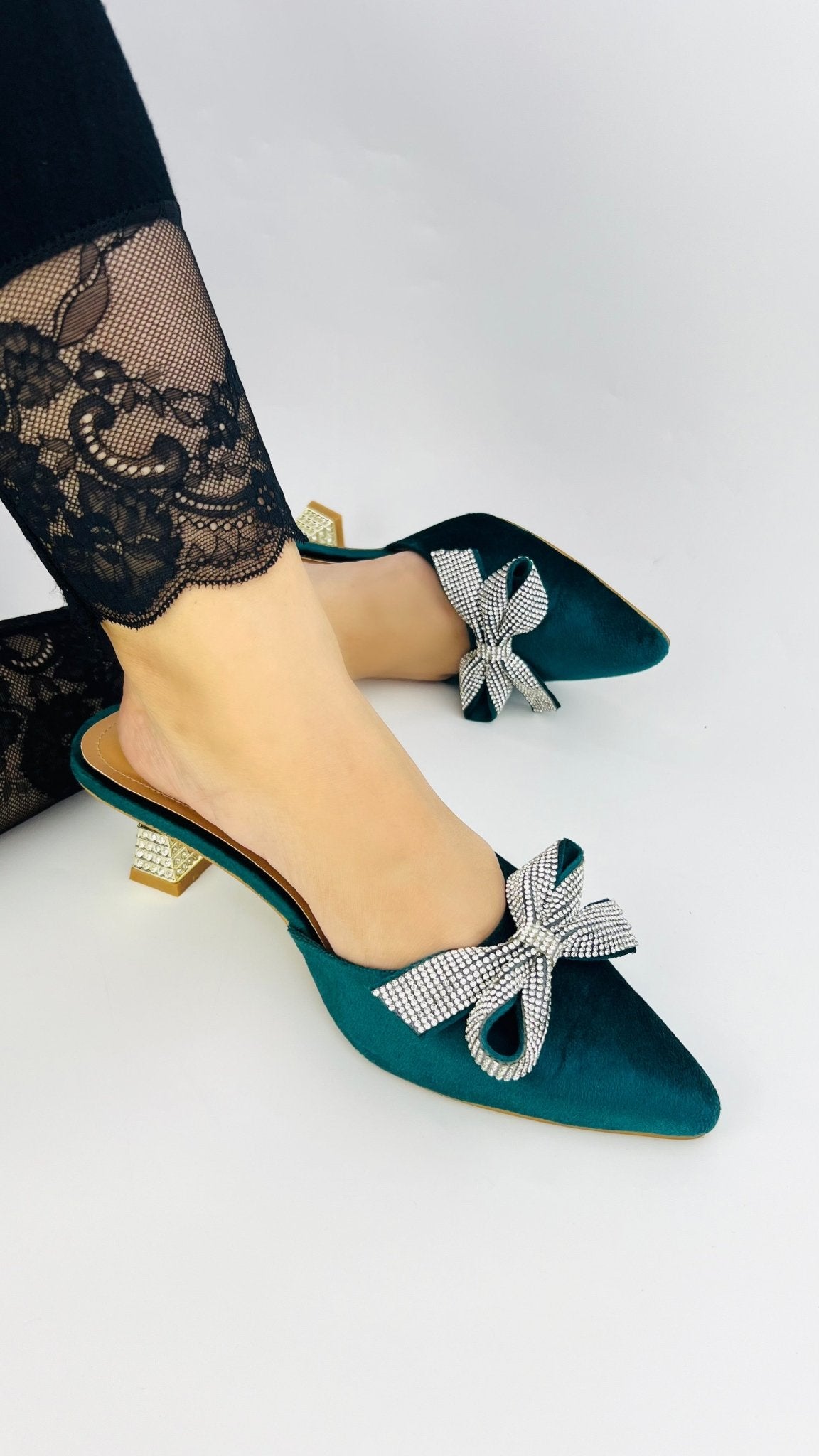 Velvet Bow Mule Sandals (Green) - Spunkz