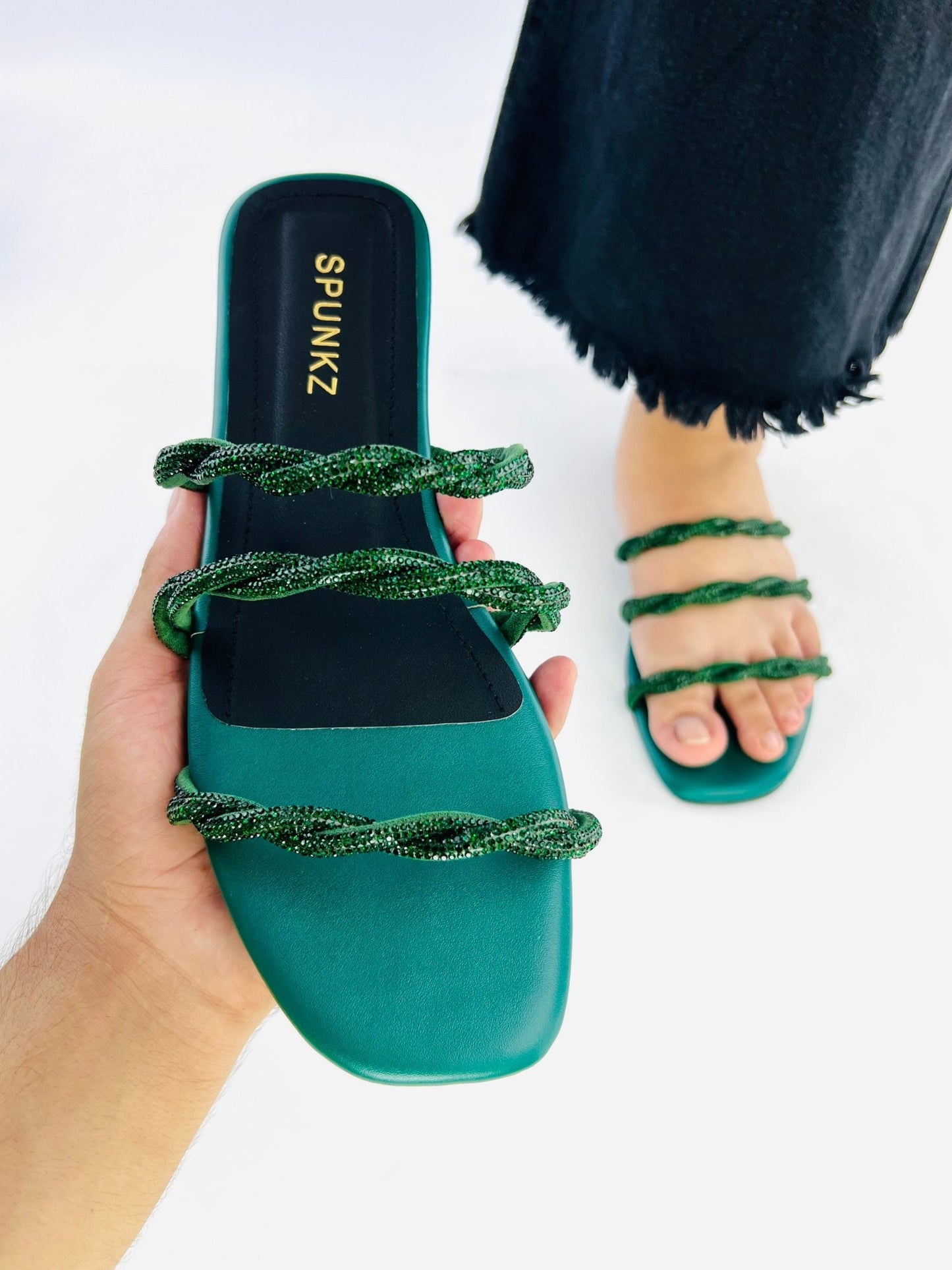 Quilted Green Flat Slip on Sandals (11084) - Spunkz