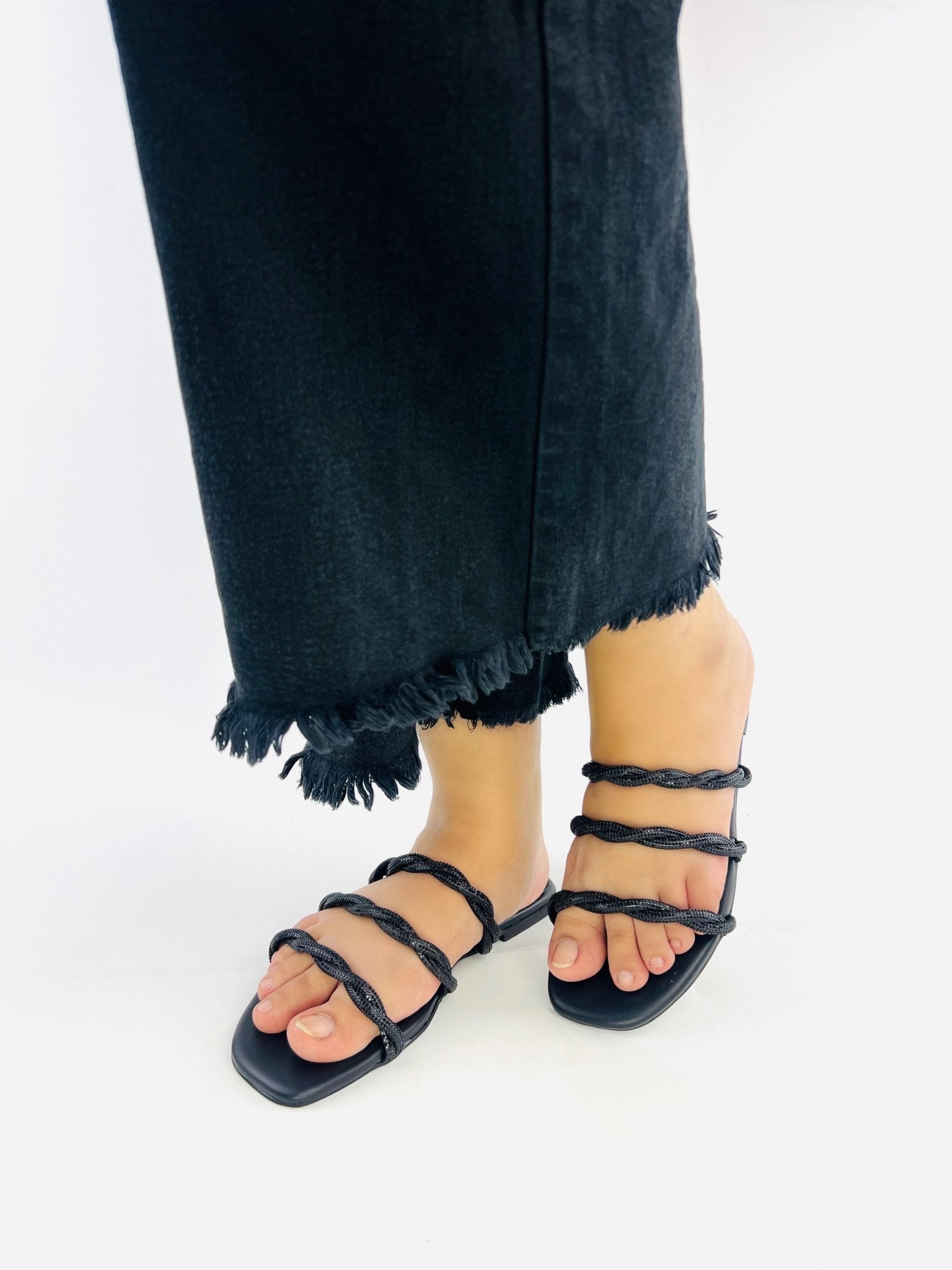 Quilted Black Flat Sandals (11084) - Spunkz