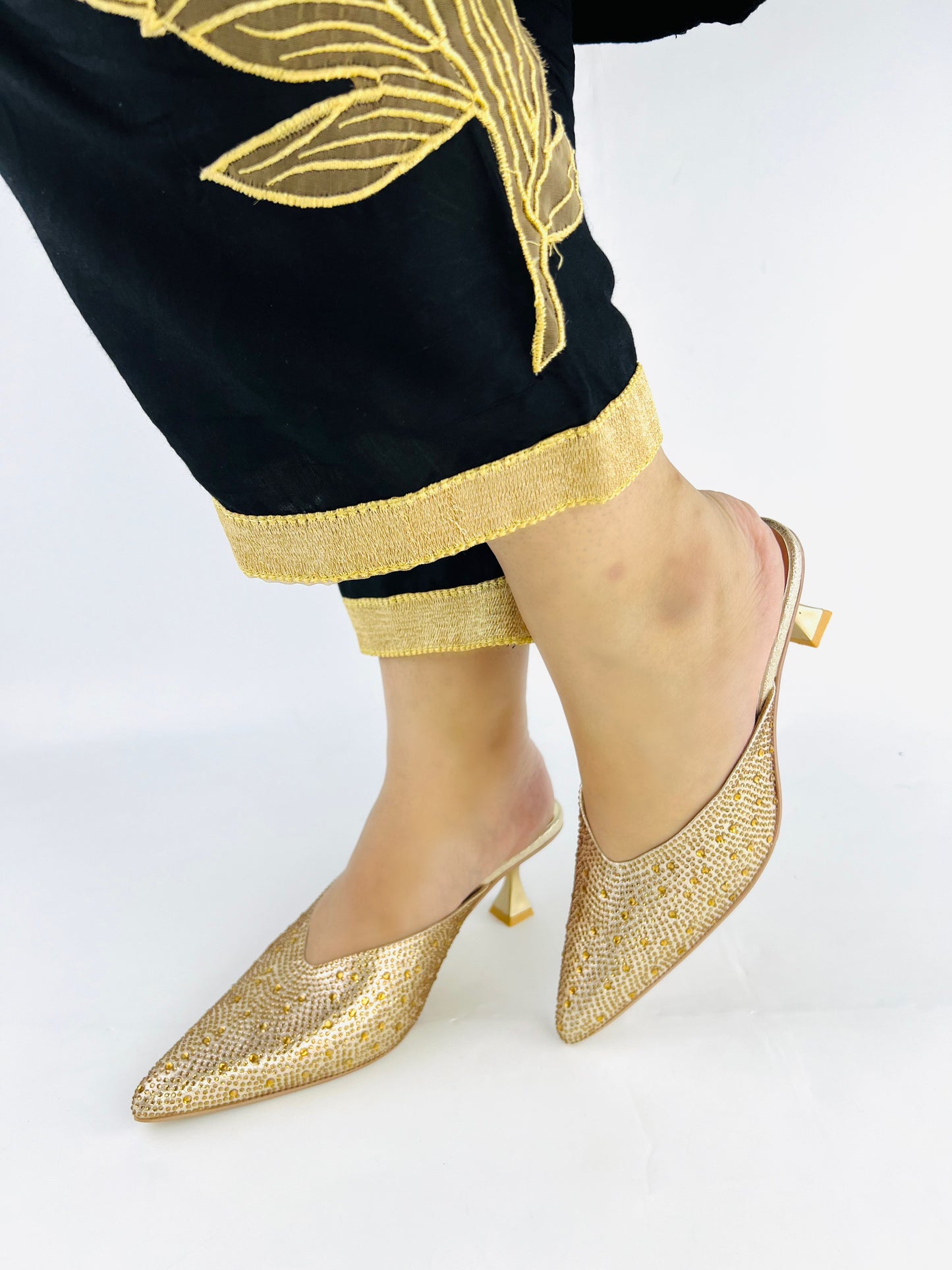 Crystal Sequins Gold Embellished Pointed Shallow Diamond Suede Mules-11039