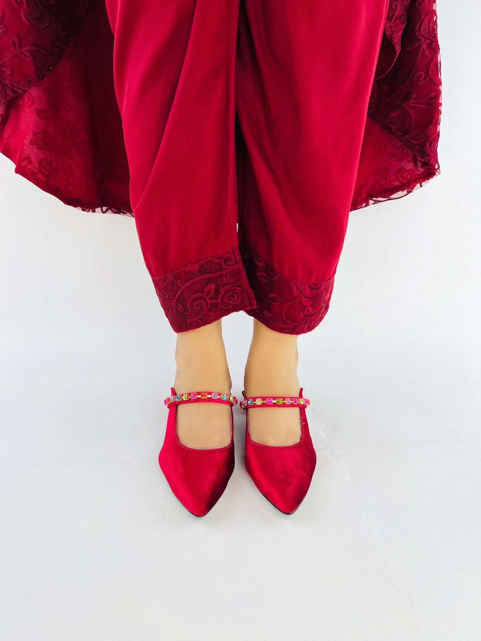 Jewel Maroon Block Heeled Sandals (11006) - Spunkz