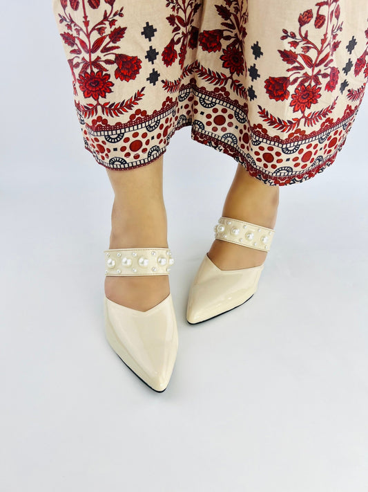 Pearl Beige Heeled Sandals - Spunkz