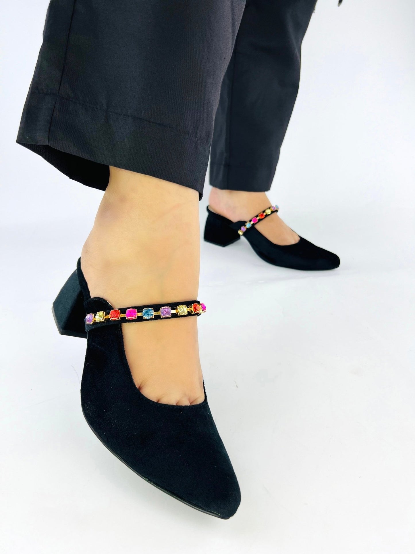 Jewel Black Mules Block Heels (11006) - Spunkz