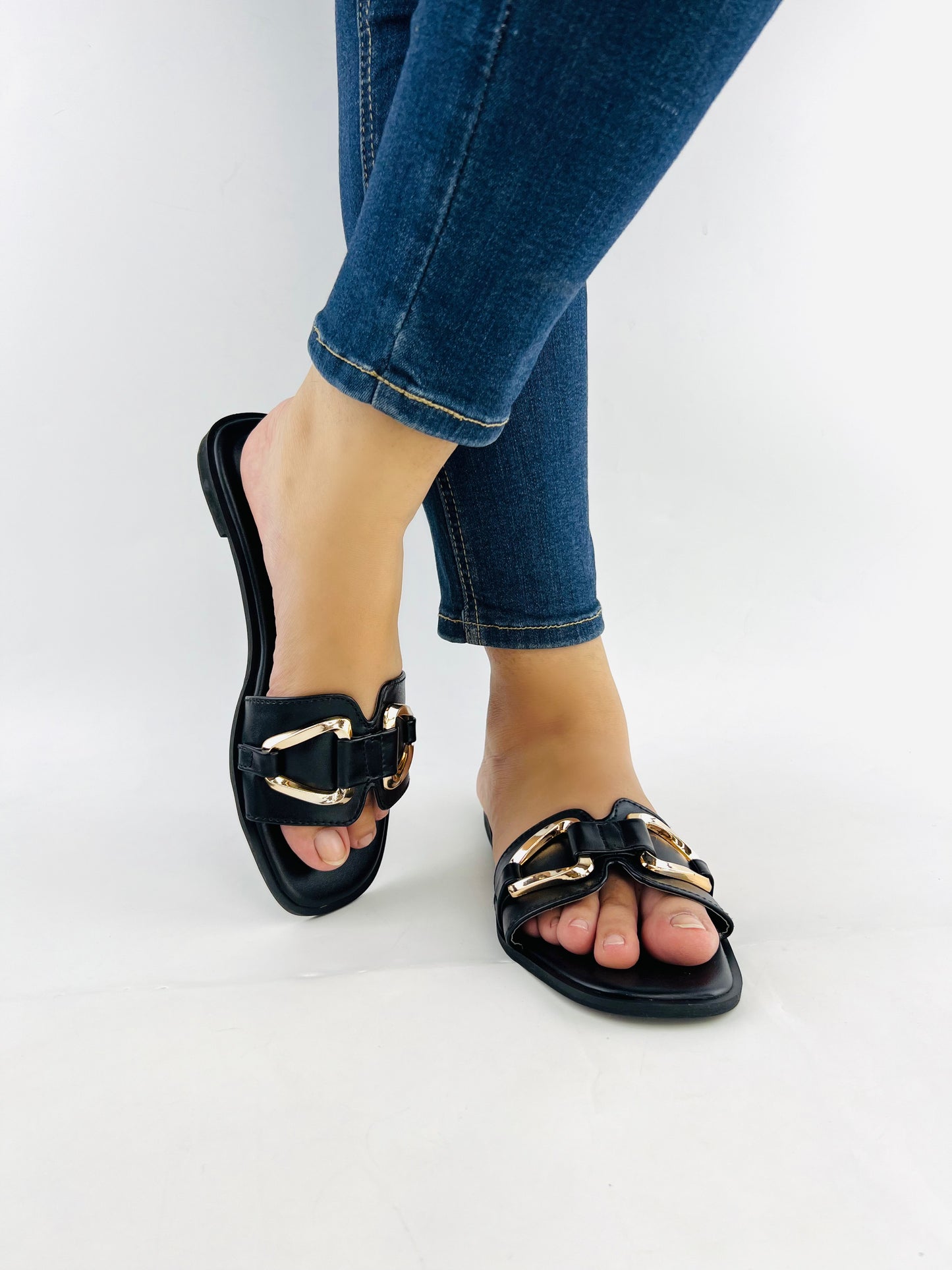 Spunkz Black Metal Chain Buckle Casual Flat Slides for Women-11080