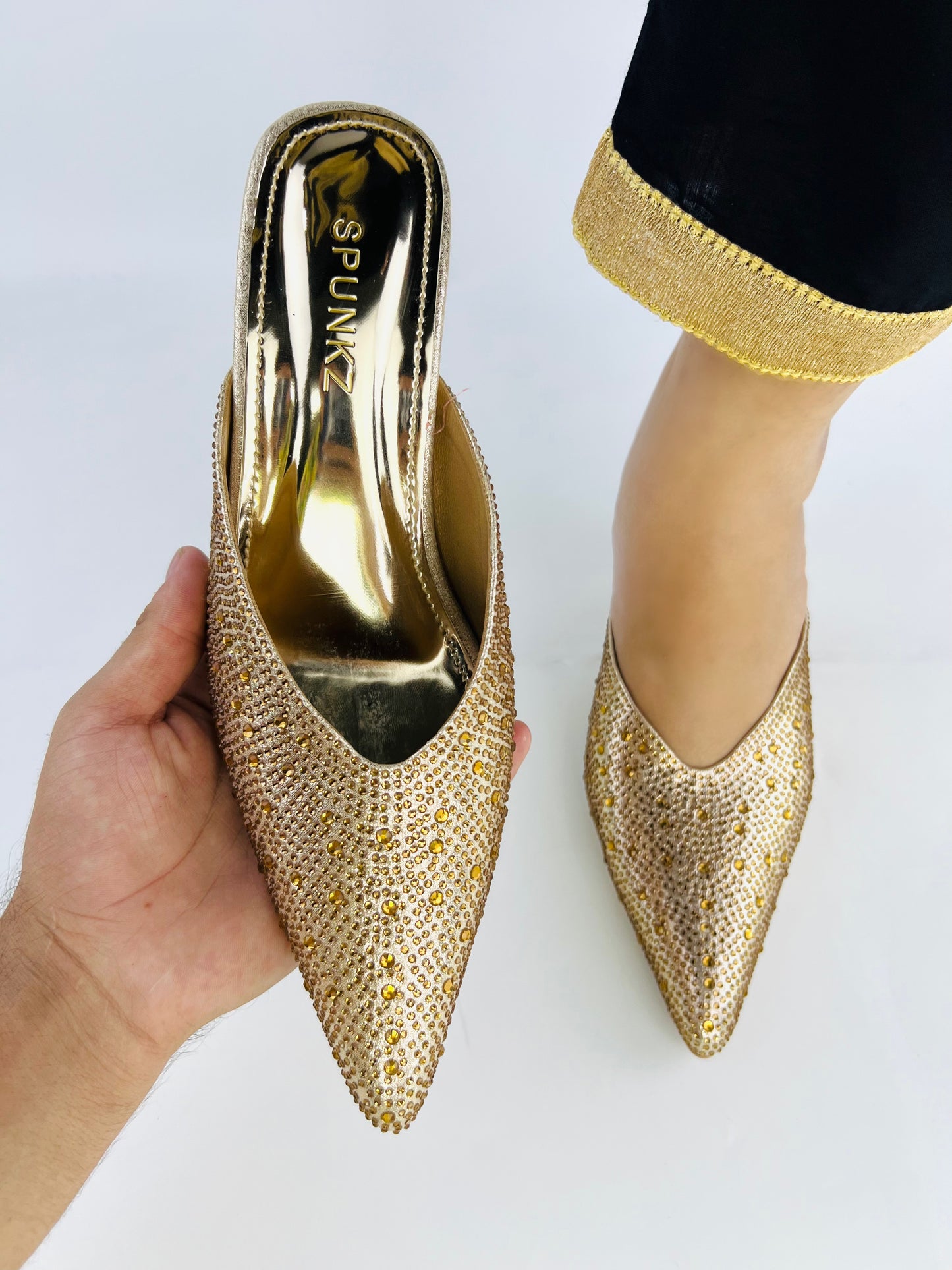 Crystal Sequins Gold Embellished Pointed Shallow Diamond Suede Mules-11039