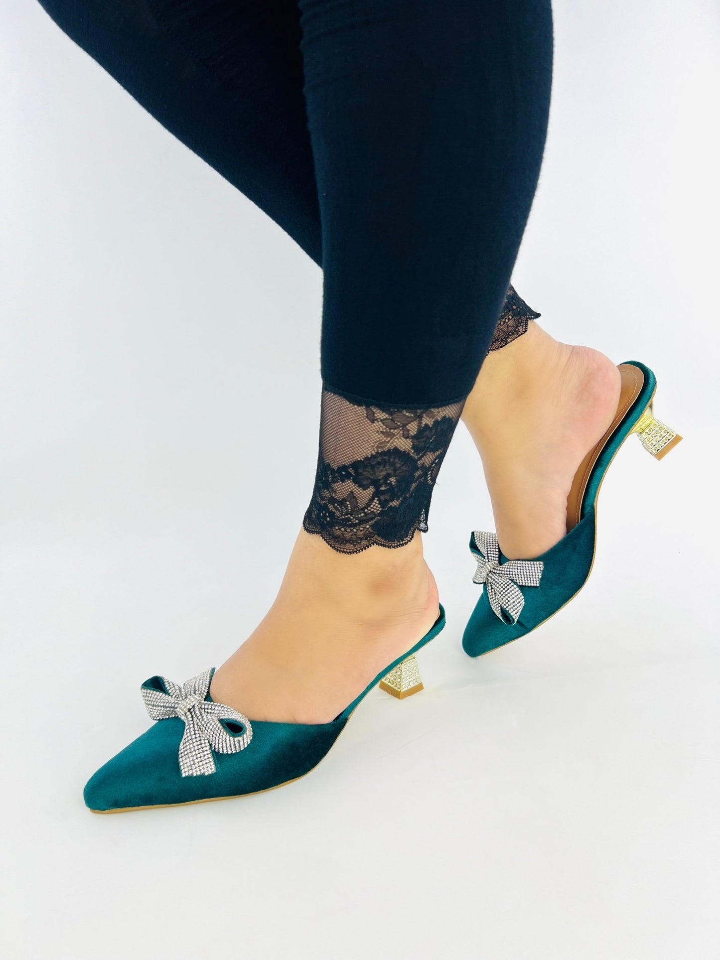 Velvet Bow Mule Sandals (Green) - Spunkz