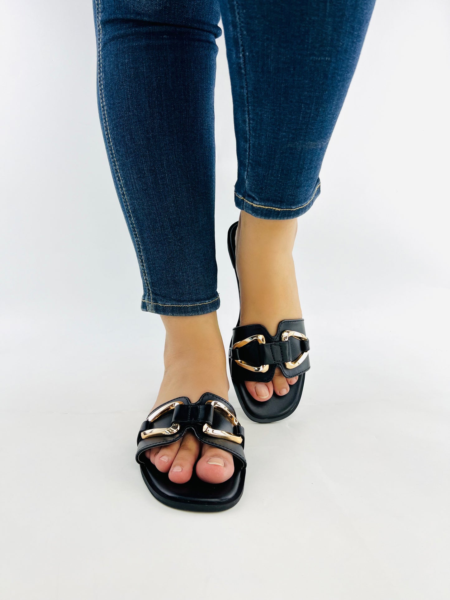 Spunkz Black Metal Chain Buckle Casual Flat Slides for Women-11080