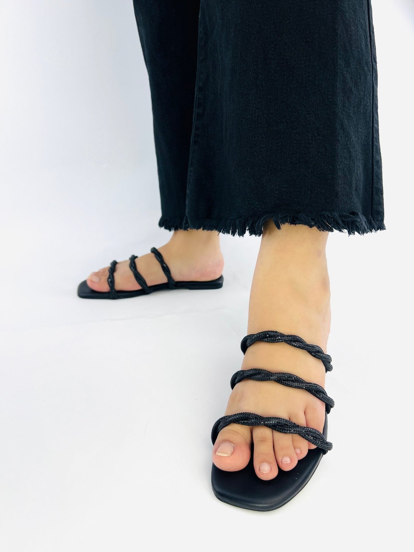 Quilted Black Flat Sandals (11084) - Spunkz
