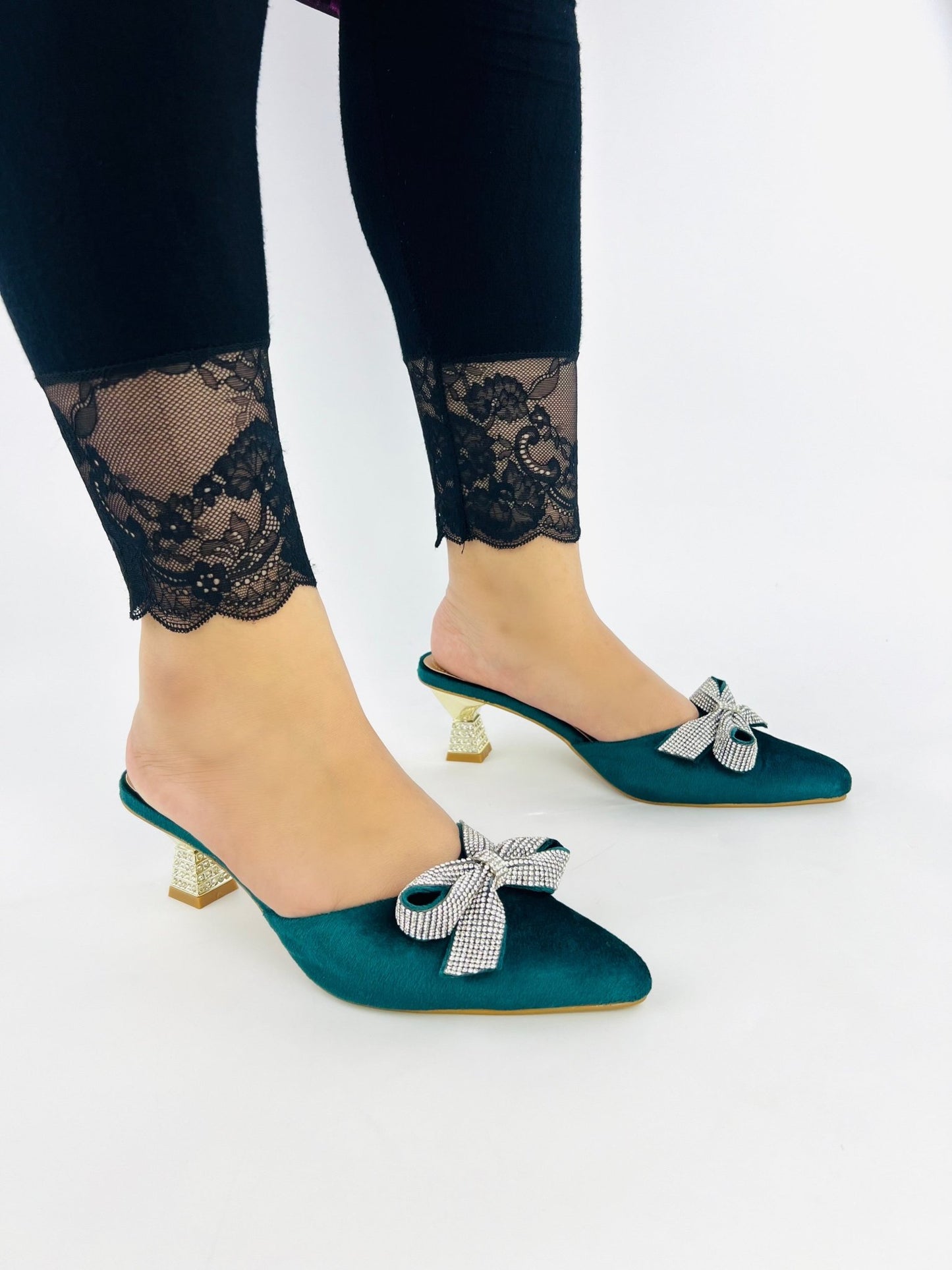 Velvet Bow Mule Sandals (Green) - Spunkz