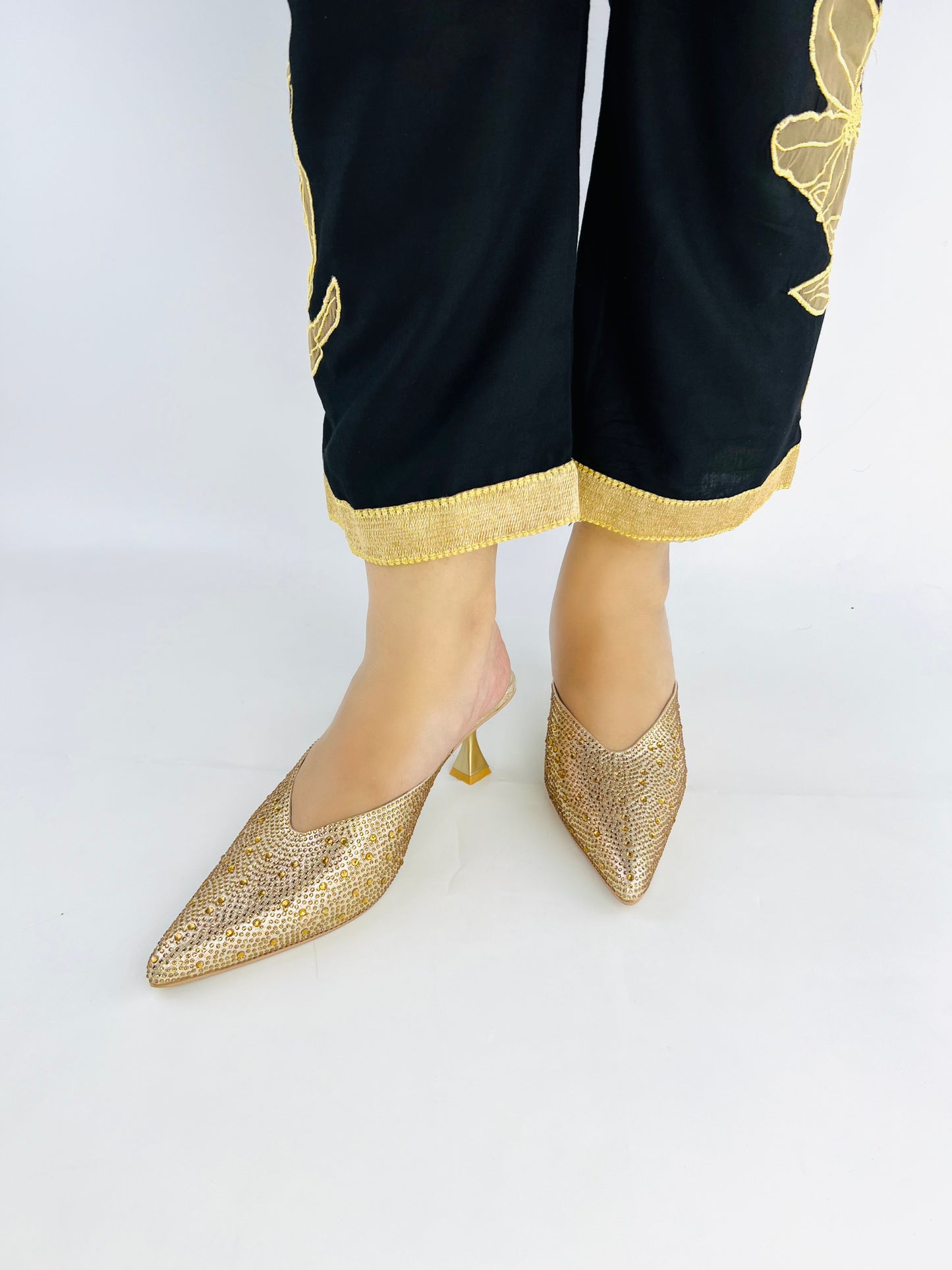 Crystal Sequins Gold Embellished Pointed Shallow Diamond Suede Mules-11039