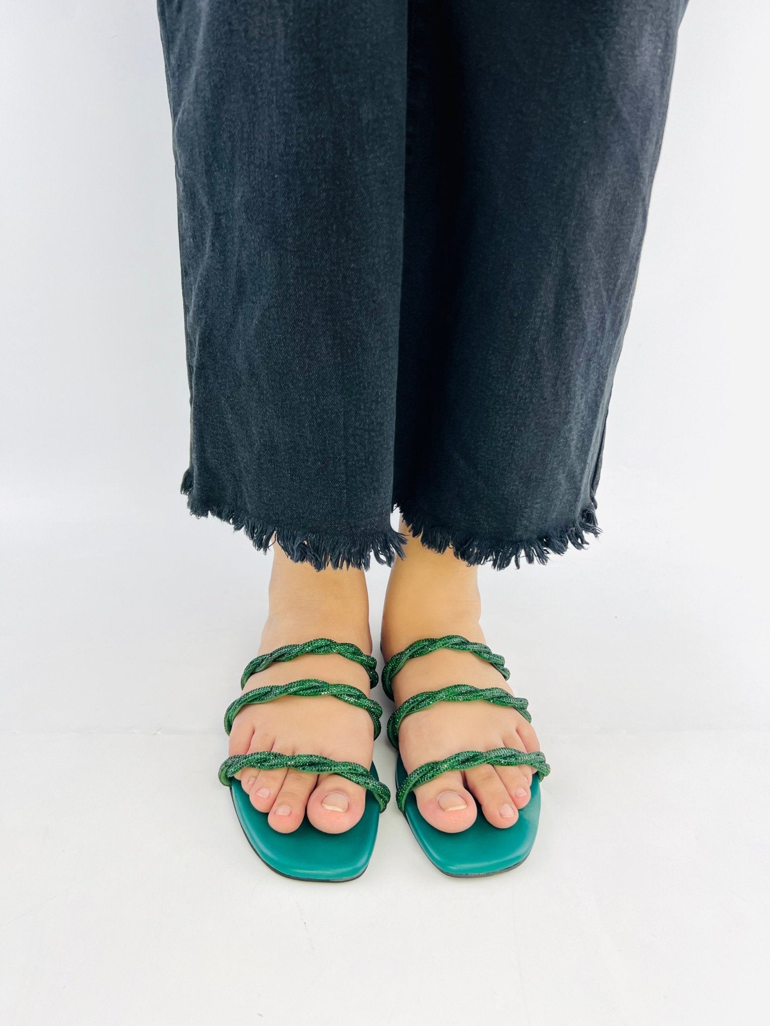 Quilted Green Flat Slip on Sandals (11084) - Spunkz