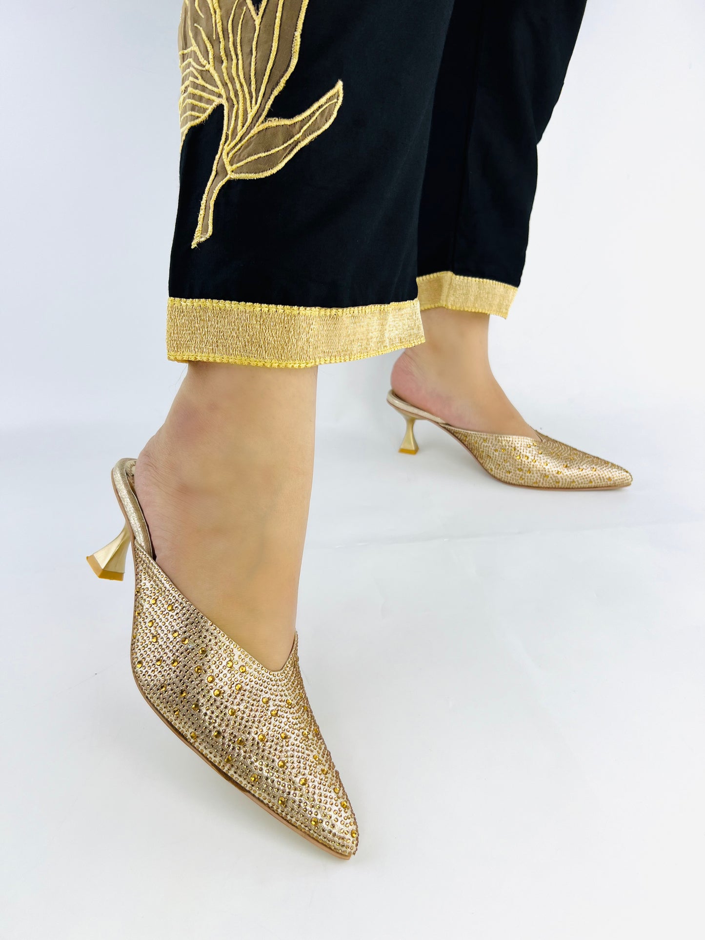 Crystal Sequins Gold Embellished Pointed Shallow Diamond Suede Mules-11039