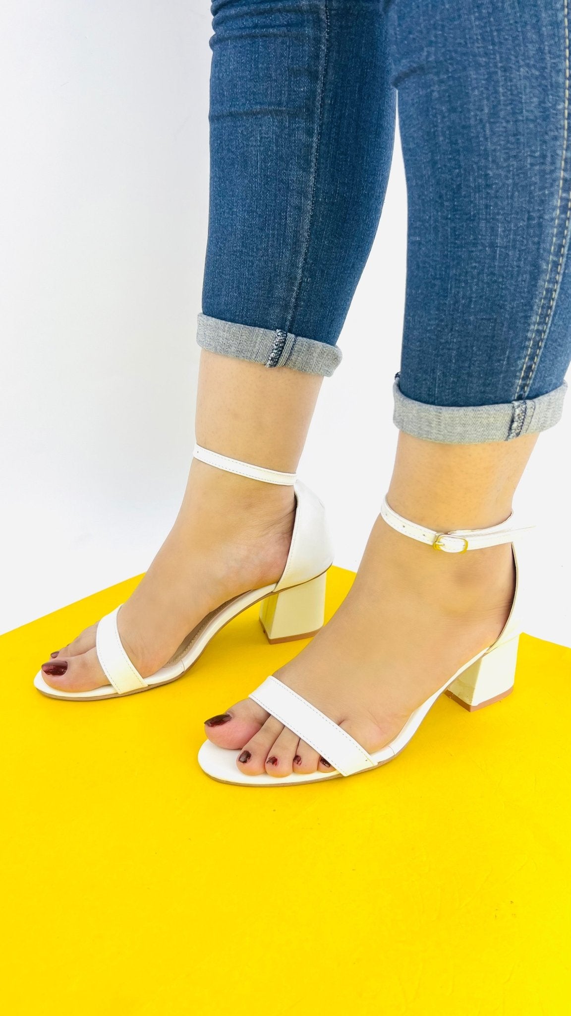 Liza White Chunky Heeled Ankle Strap Sandals - 11031 - Spunkz