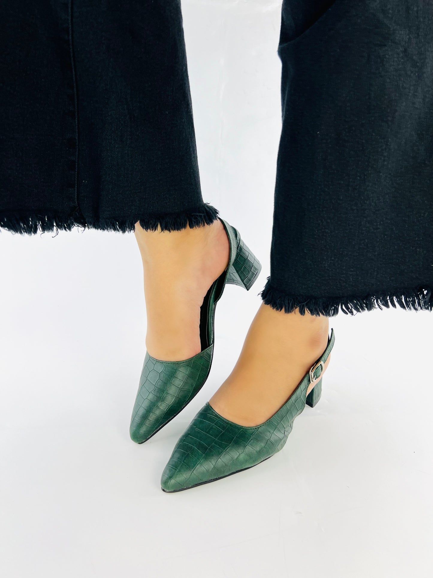 Spunkz Crocodile Embossed Green Leather Half Block Heel Sandals 12002