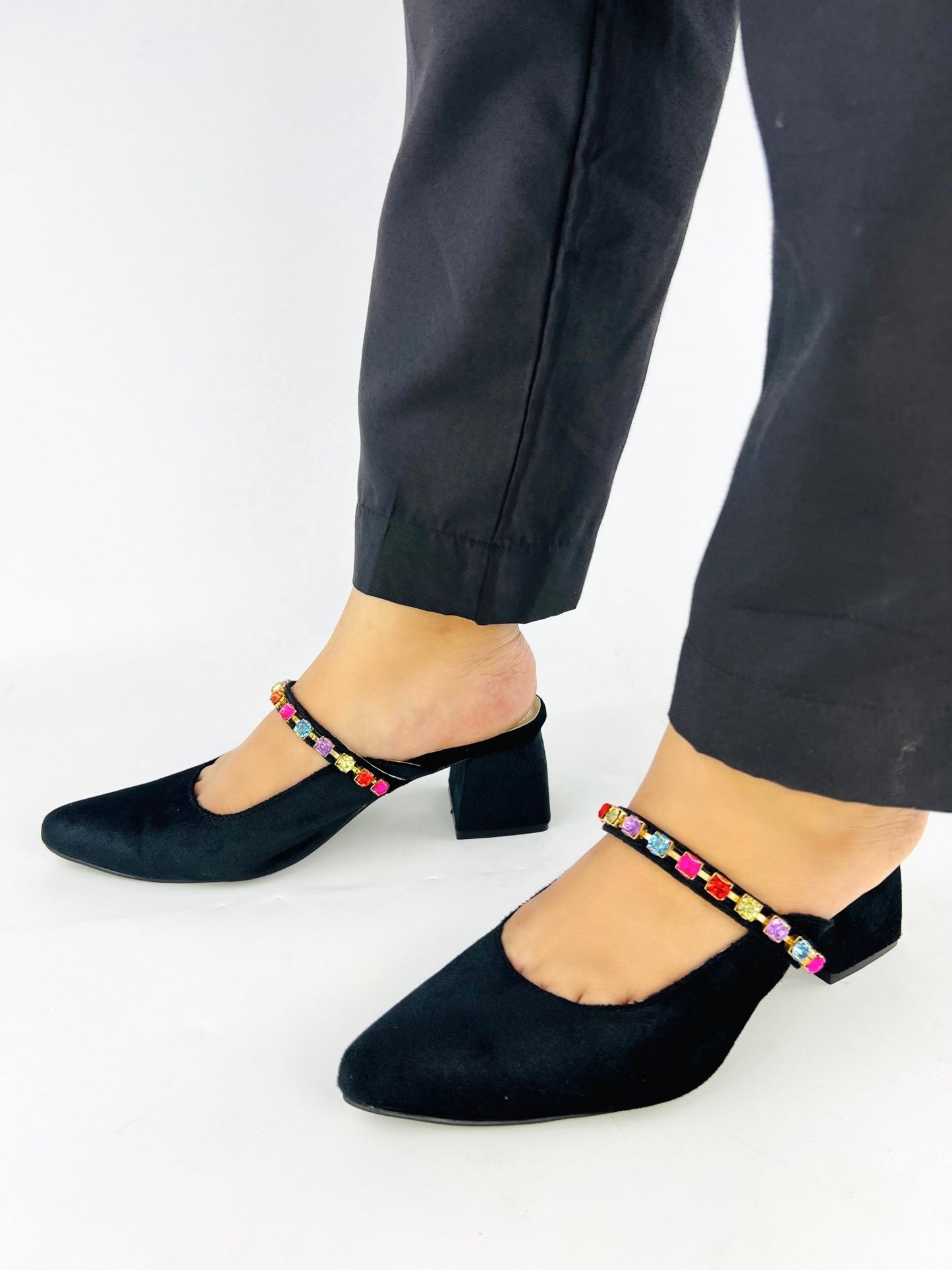 Jewel Black Mules Block Heels (11006) - Spunkz