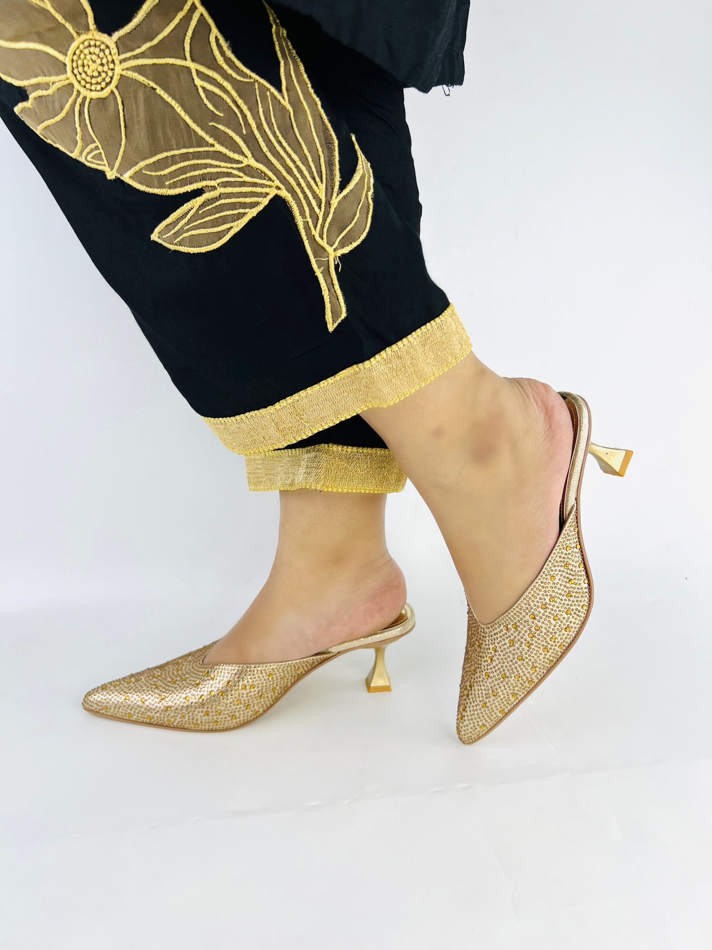 Crystal Sequins Gold Embellished Pointed Shallow Diamond Suede Mules-11039